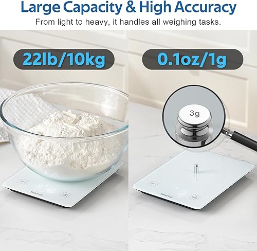 Miniatura 3 de Báscula de alimentos impermeable IP67 con superficie de vidrio templado, escala de cocina de 22 libras, precisión de 0.04 oz, recargable por USB,