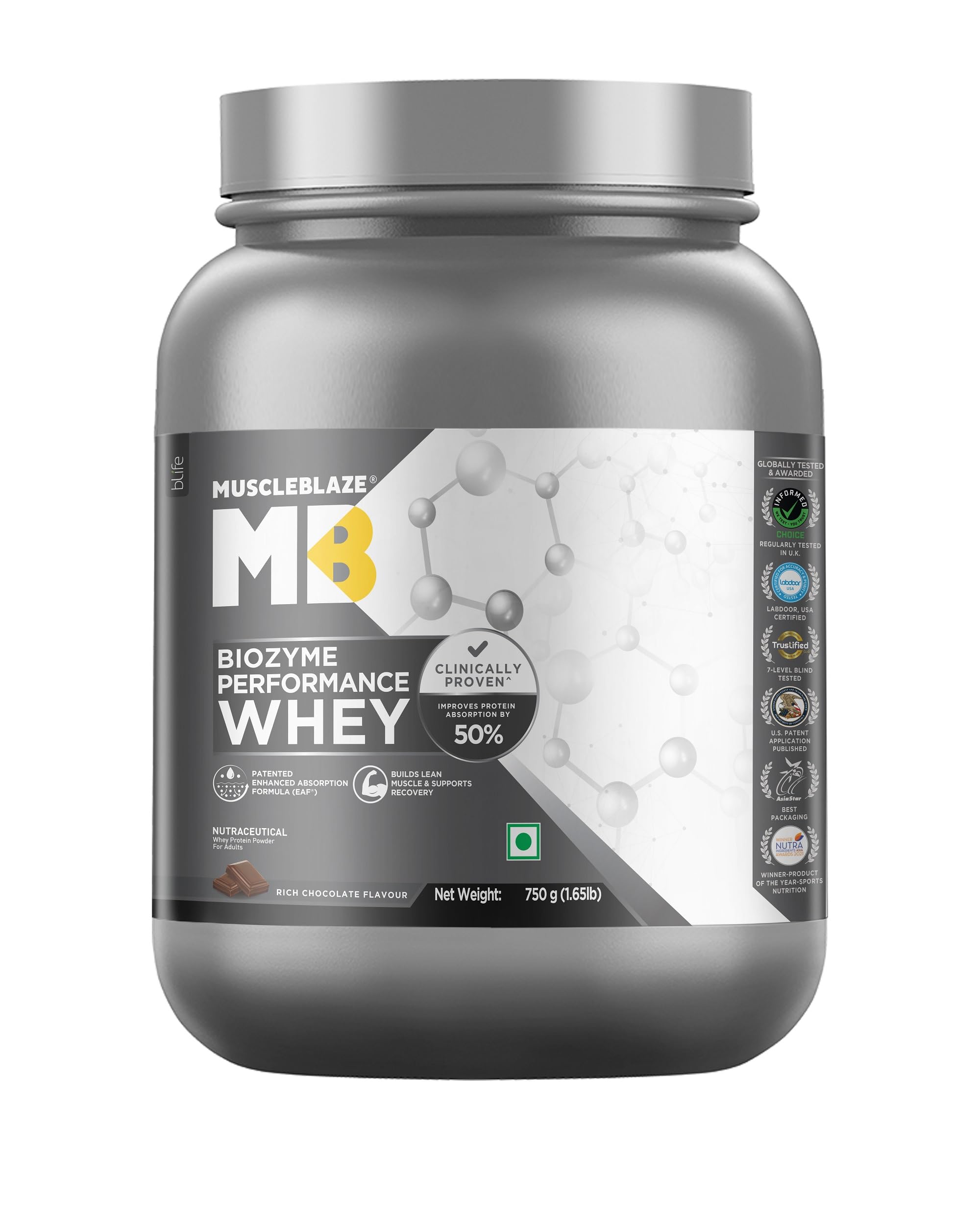 MuscleBlaze Biozyme Performance Whey Protein Powder, Rich Chocolate (750g / 1.65lbs) | 25g Protein Per Scoop | Clinically Tested 50% Higher Protein Absorption