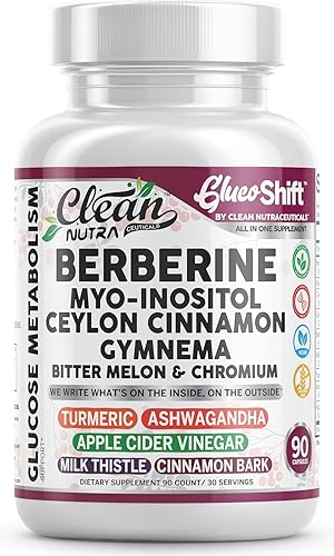 Clean Nutra GlucoShift Berberina con mio-inositol, canela de Ceilán, gimnasio, melón amargo y cromo | Complejo de hierbas y minerales premium | 90