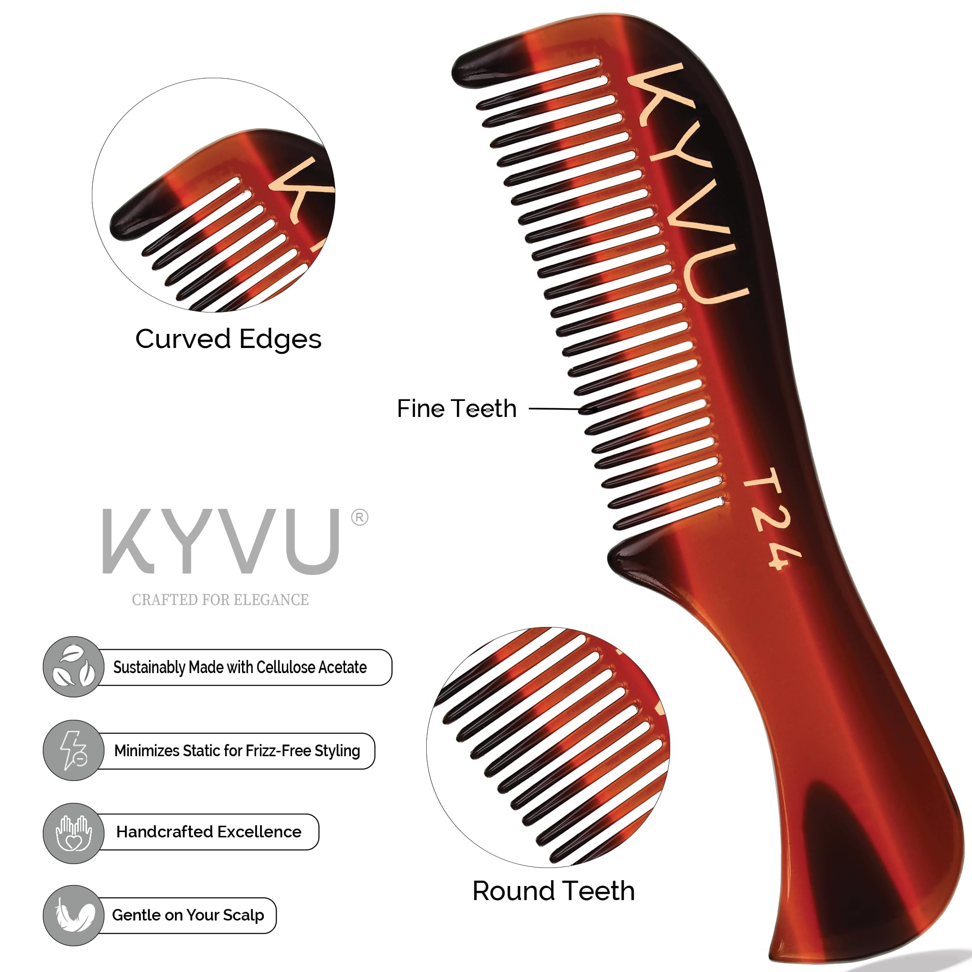 KYVU T24 Moustache & Beard Comb - Handmade Pocket Comb for Men - 7.5 cm - Cellulose Acetate, Tortoiseshell Finish - Image 2