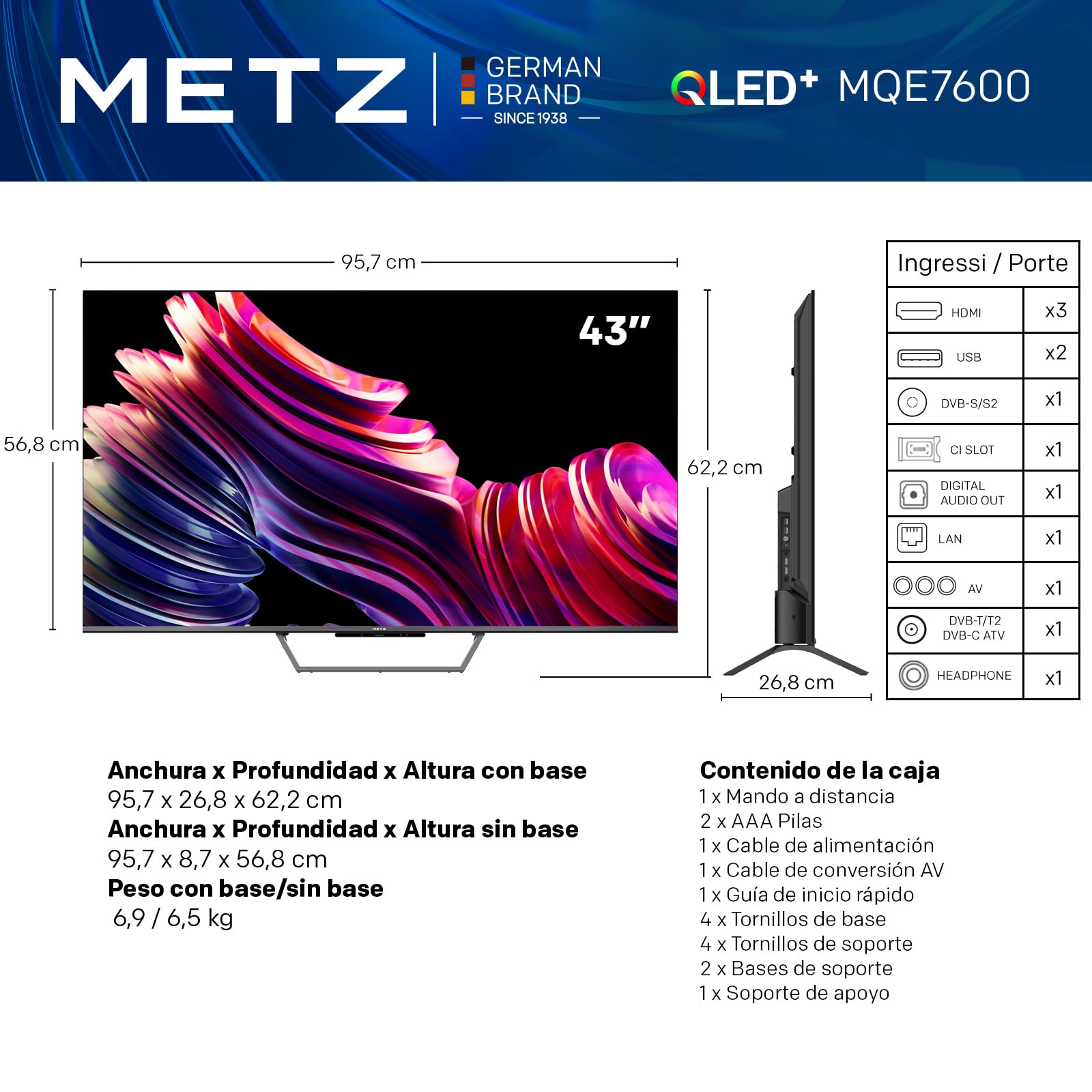 Televisión Inteligente METZ QLED+ MQE7600Z 4K UHD de 43 Pulgadas con Google TV y Pantalla Mate antirreflejos Dolby Vision Dolby Atmos HDR Wi-Fi (2024)