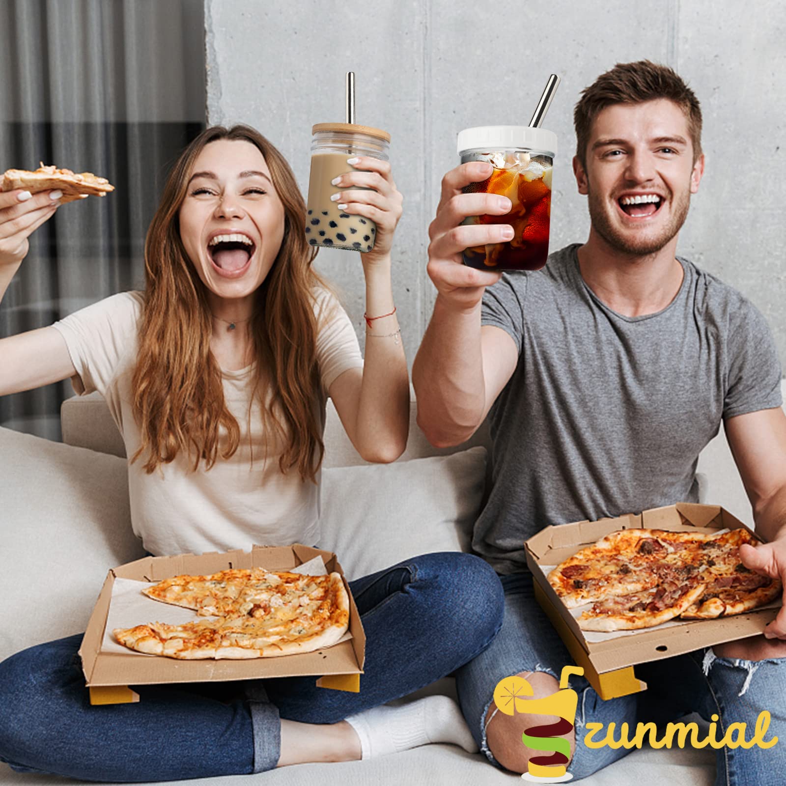 zunmial 2 Pack Smoothie Cup Boba Cup,16oz Mason Jar With Bamboo Lid and Straw, Bubble Tea Cups Mason Jar Cups