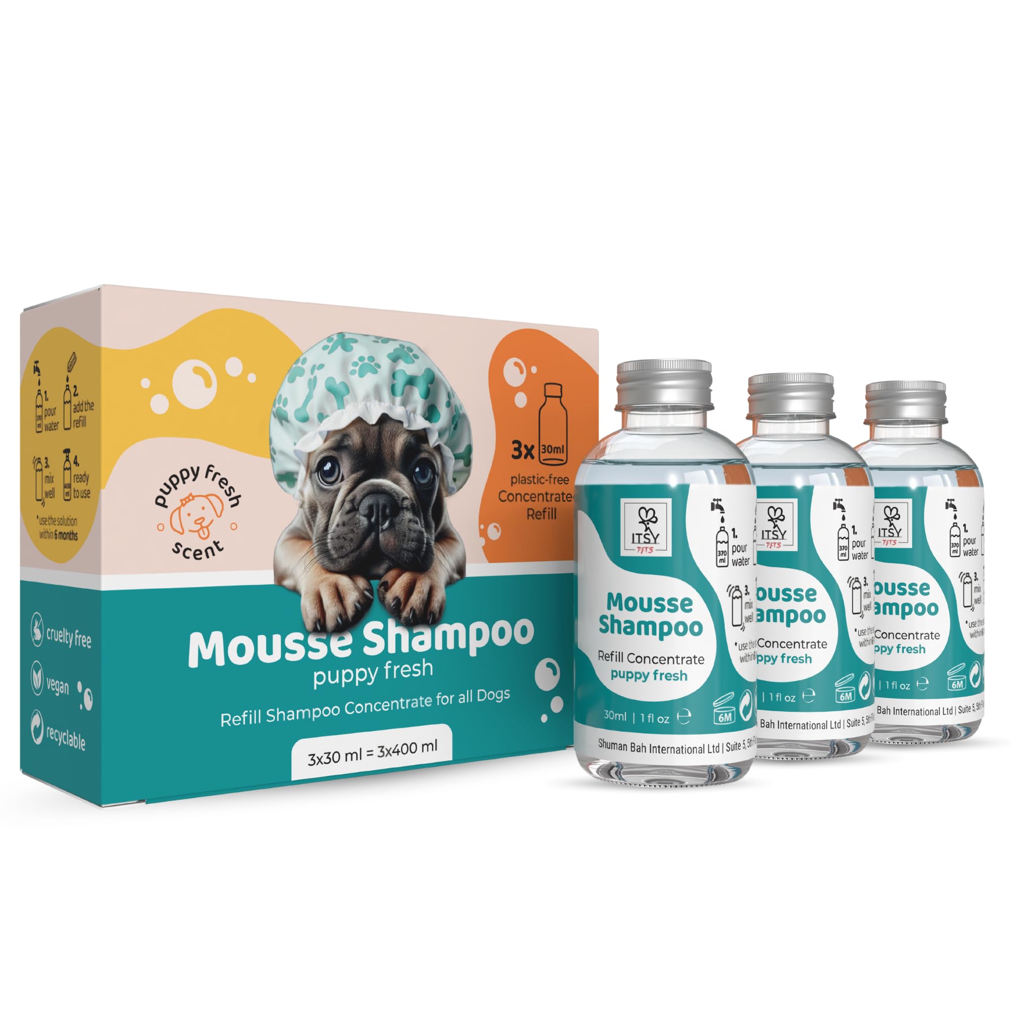 ITSY Pets Dog Mousse Shampoo 3-Pack Refill | Puppy Fresh Scent | Eco-Friendly Concentrated Pet Wash | 3x 30ml Makes 3x 400ml | Reduces Single-Use Plastic