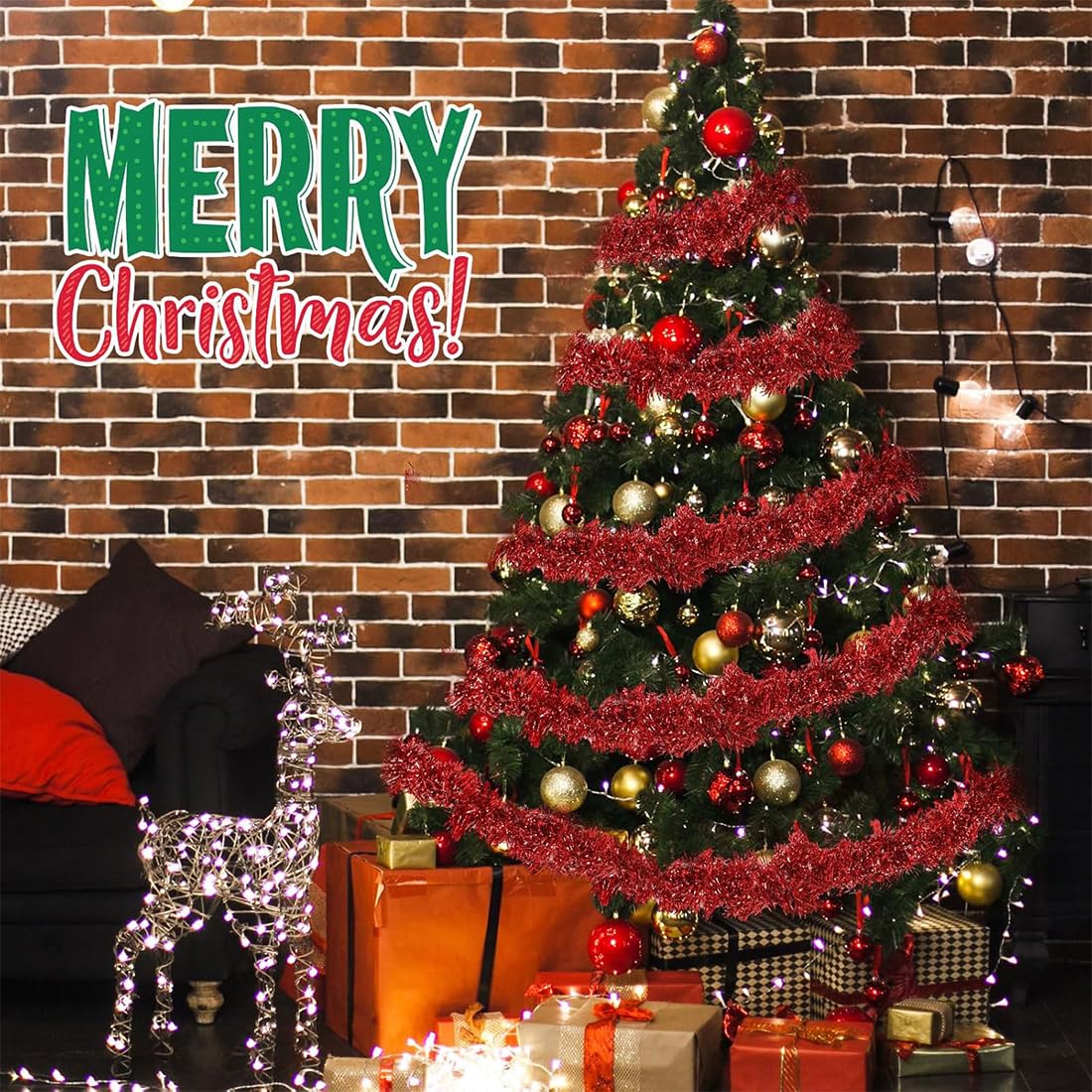 4 Piezas Espumillón de Navidad, Metálico Oropeles Brillantes Decoración, 2M, Guirnalda Brillante Metálica Decoraciones, para Árbol de Navidad Boda Fiesta Festival, Rojo