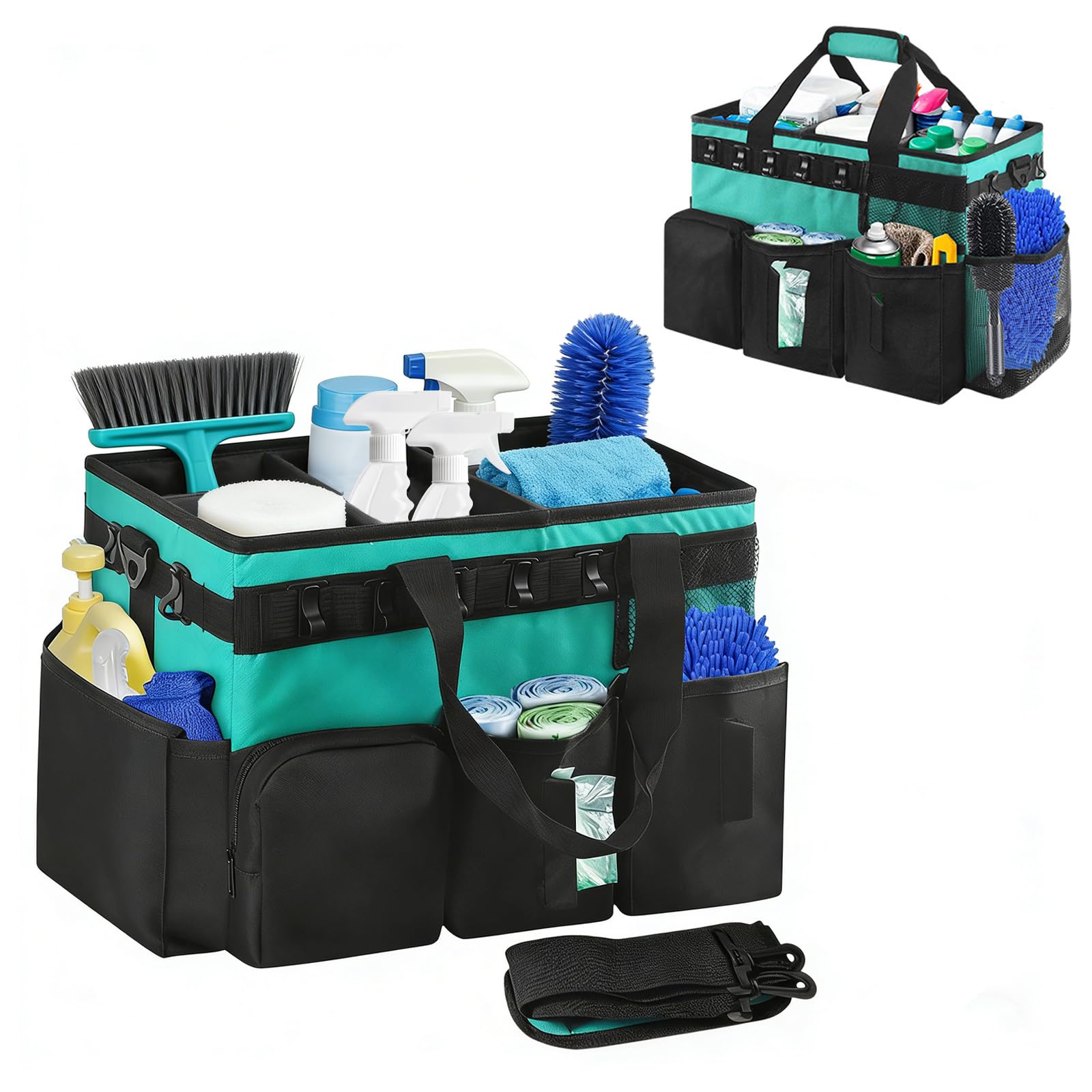 Reinigungs Organizer Tasche, 39*24*27 cm Reinigungs Caddy Organisator mit Griff und Verstellbarem Schultergurt Tragbare Reinigungstasche, Mehreren Taschen für Zuhause Auto Einkaufen Küche (Hellblau)