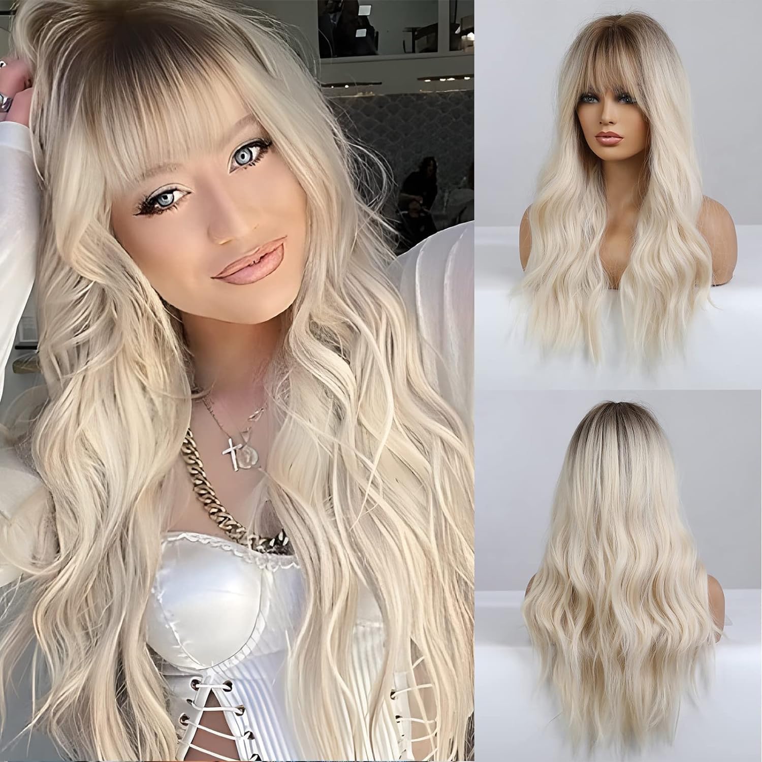 Long Blonde Wigs for Women,Synthetic Curly Hair Wig with Bangs Wavy Hair with Dark Roots(Blonde with Dark Roots)