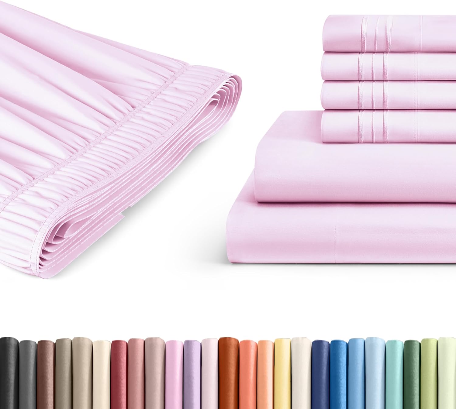 7 Piece Split King Light Pink Bed Sheet Set + Light Pink Adjustable Bedskirt with 15" Drop Bundle - Hotel Luxury Sheets w/ 16 inch Deep Pockets - Breathable, Cooling, Soft & Wrinkle Free - Oeko-Tex