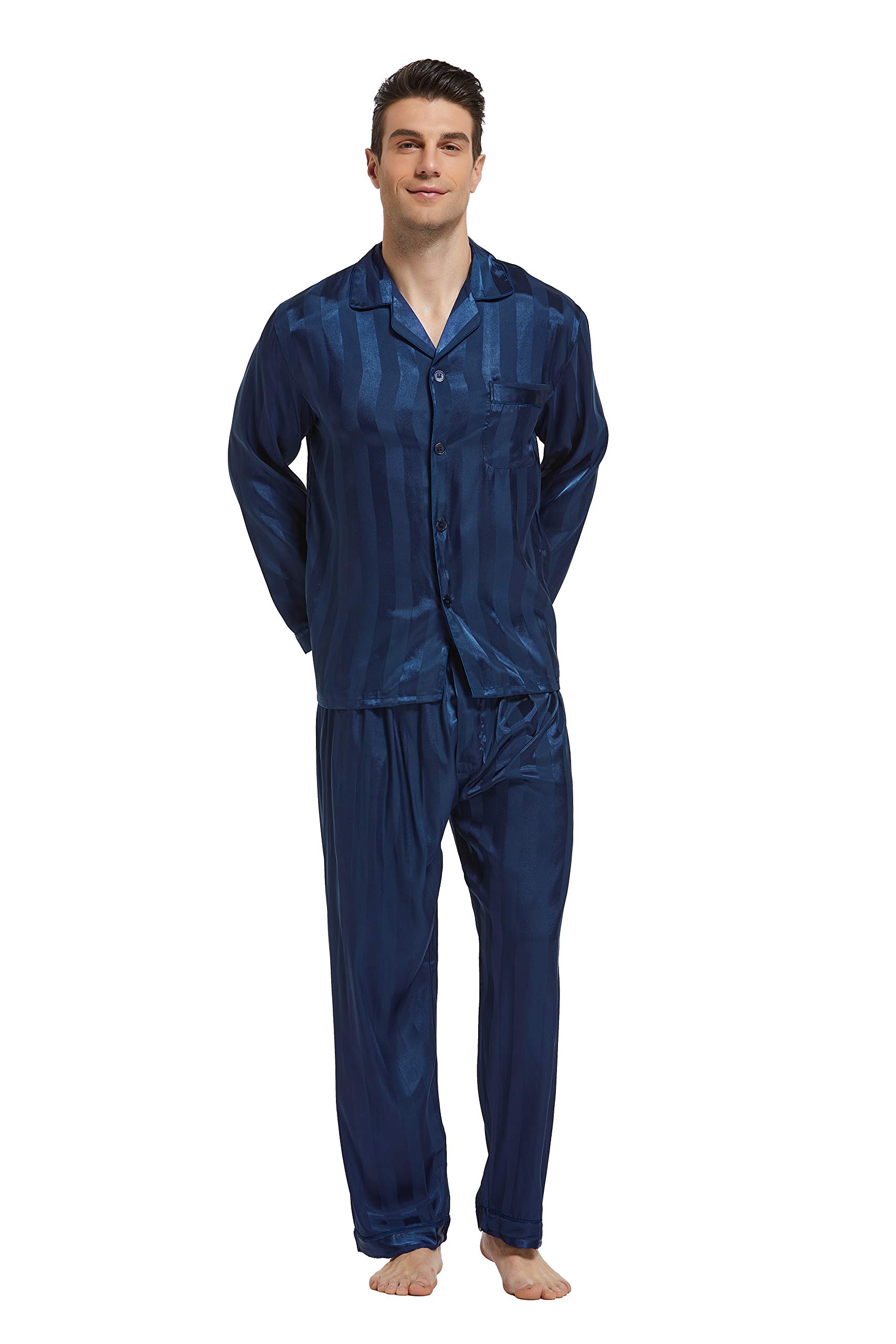 TONY & CANDICE Men's Classic Satin Pajama Set Sleepwear (Navy Blue Striped, X-Large)-image-30