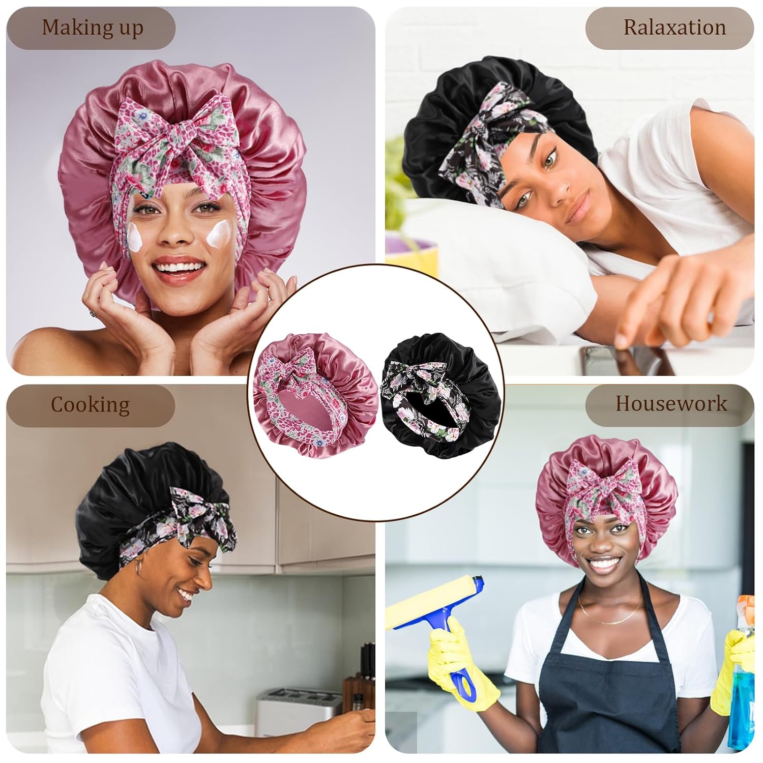 2Pcs Silk Bonnet for Sleeping,Large Satin Bonnet with Tie Band,Night Sleep Cap for Women,Satin Bonnet for Curly Hair(Black + Pink) - Image 7