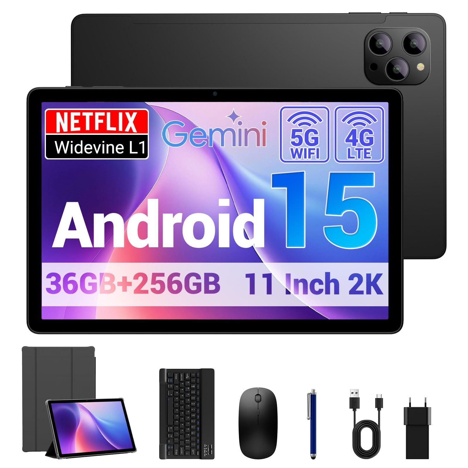 BEYNIVAN Tablet 11 Pollici Android 15 Tablet in Offerta con 4G LTE/5G WiFi, 36GB RAM+256GB ROM+2TB Espansione,9580mAh,Foto AI16MP+8MP,Face ID/GPS/BT 5.0/TÜV,tablets con Tastiera,Nero