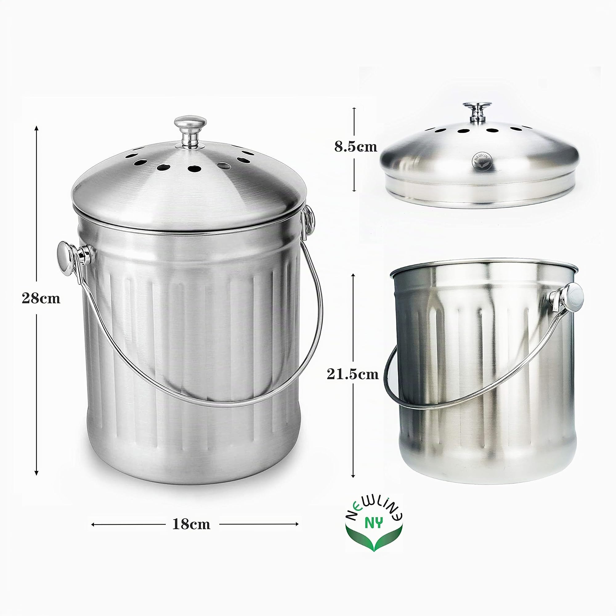 NewlineNY - Cubo de abono de Acero Inoxidable para encimera de Cocina, Cubo de Reciclaje de 1.3 galones con 2 filtros de carbón