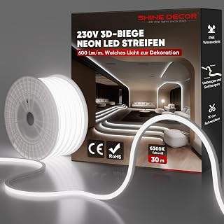 Shine Decor 3D Bend Neon LED Strip, AC 220V-240V Flexibler Neon LED Streifen, IP65 Wasserdichter Neon Lichtstreifen aus Silikonmaterial mit CE-Zertifizierung für Küche und Wohnzimmer(30M,Kaltes Weiß)