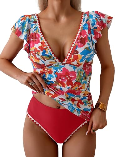 Aidonger Women's Tankini Swimsuit Tummy Control Ruffle Two Piece Bathing Suit V 