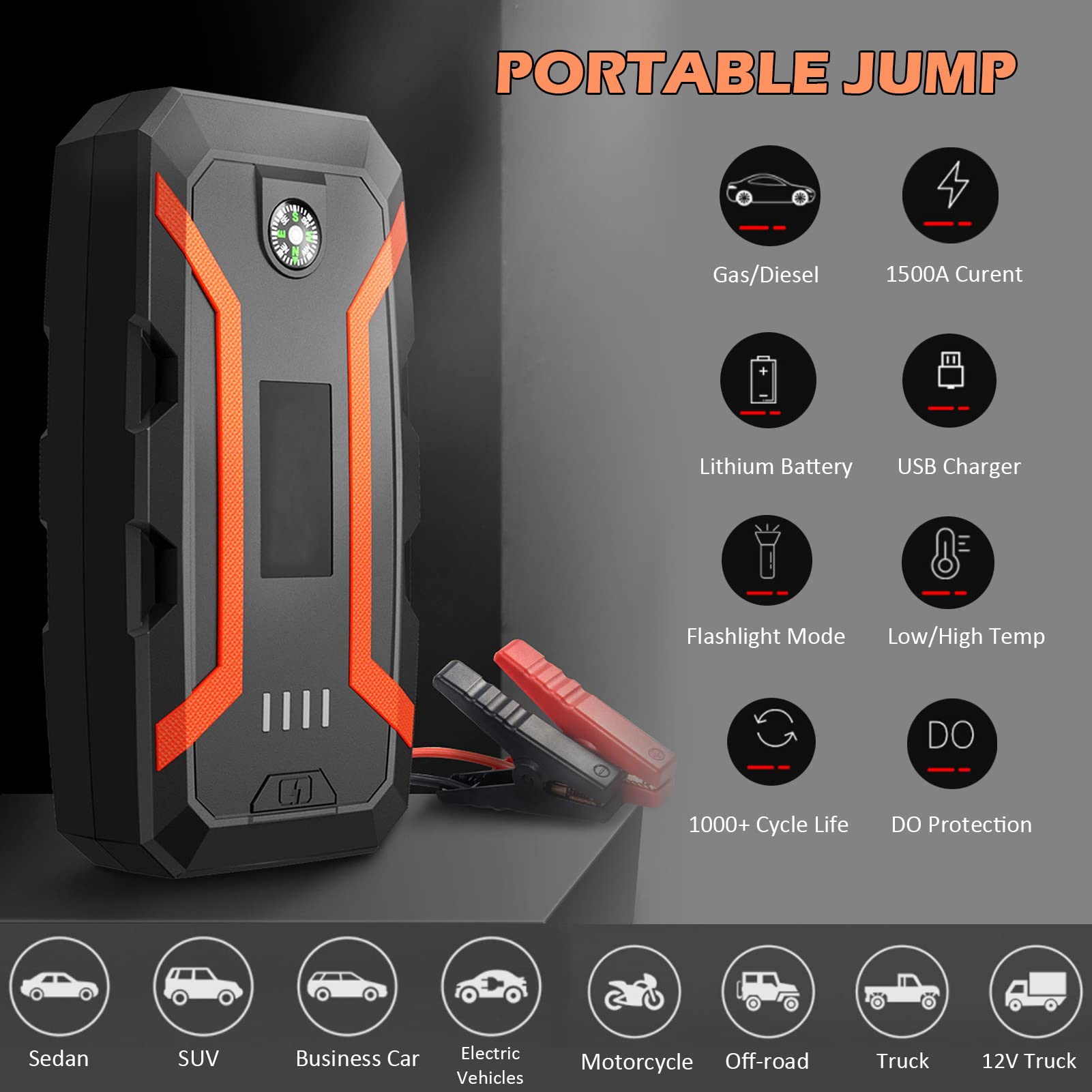 Arrancador de Batería para Automóvil, 1500 A Pico 12000 MAh Cargador Portátil de Batería Arrancador de Batería (hasta 7.2 L de Gas y 5.5 L de Motor diésel), Paquete de Energía Port