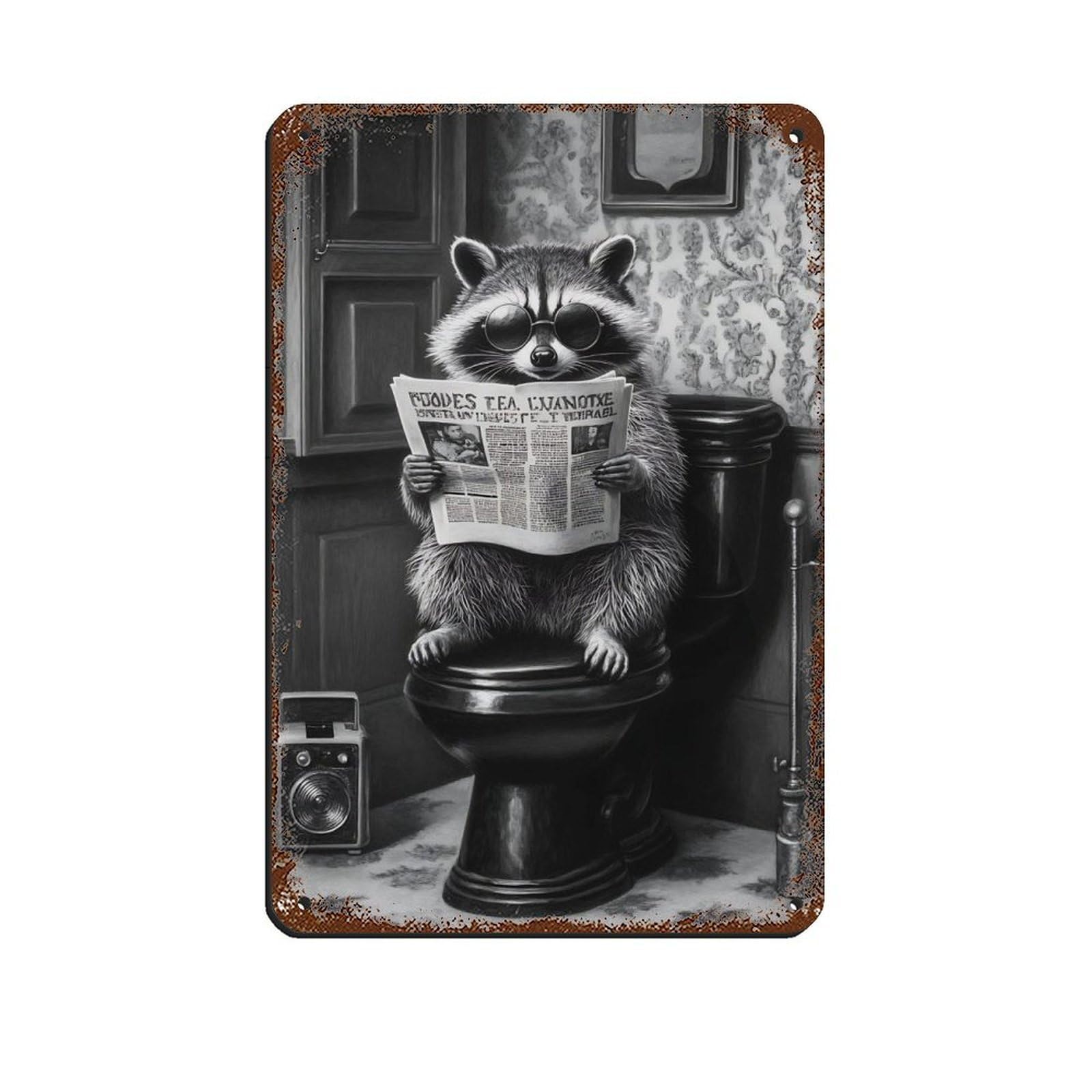 Racoon Reading Newspaper Retro Poster Metal Tin Sign Chic Art Retro Iron Painting Bar People Cave Cafe Family Garage Poster Wall Decoration 8x12inch(20x30cm)