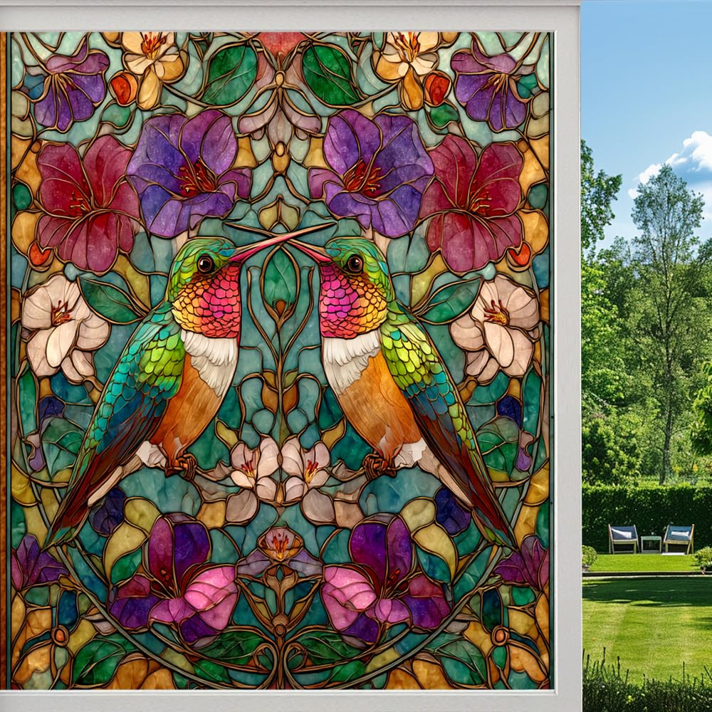 Colorful Hummingbird Privacy Window Film, Bohemian Vintage Flowers Frosted Self-Adhesive Vinyl Cling for Glass Doors Bathroom Windows Sun Blocking Heat Control, （70x120cm）