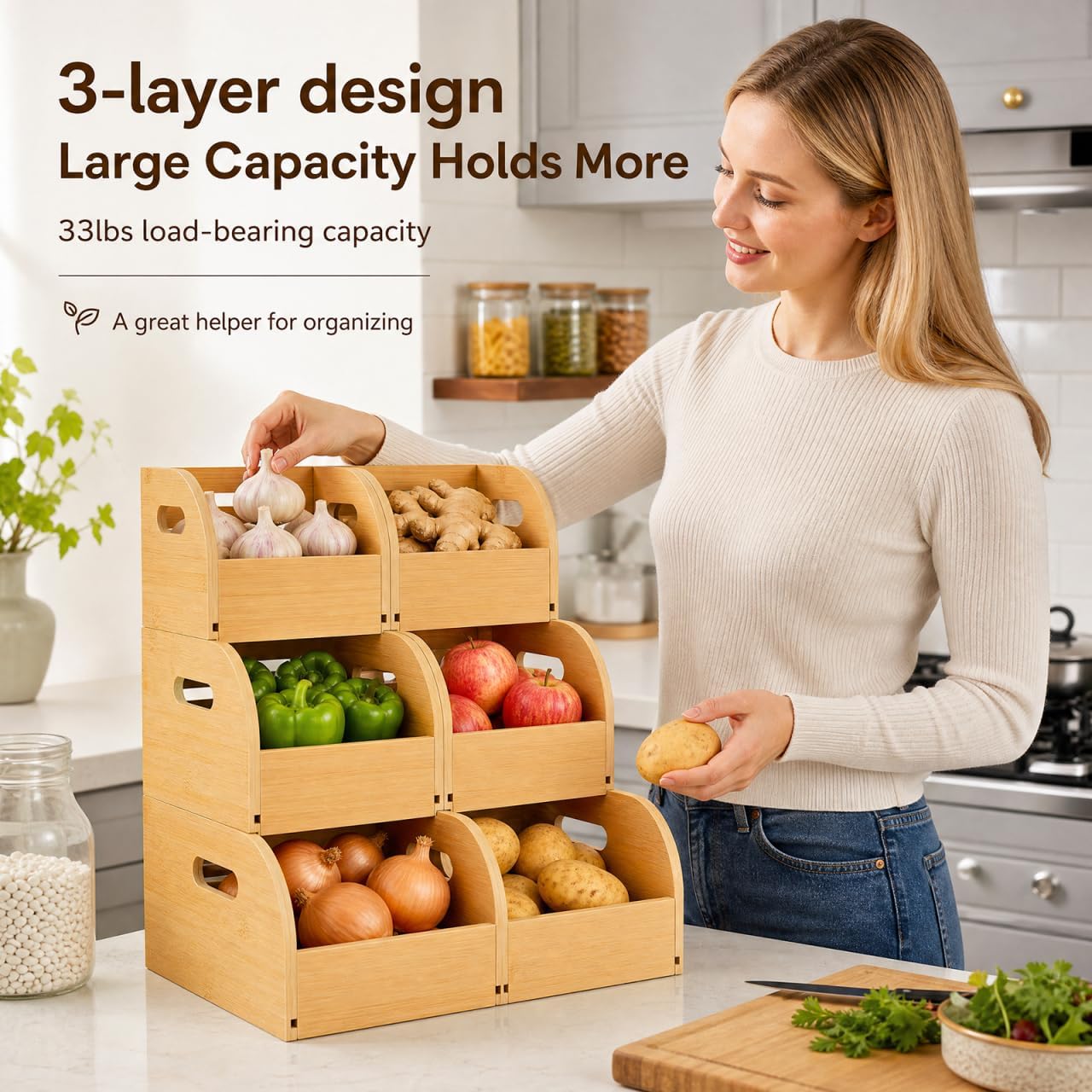 PRETYZOOM Bamboo Pantry Storage Bins with Breathable Slatted Back, 3-Tier Potato and Onion Storage Baskets, Stackable Fruit Organizer Holder with Removable Divider for Kitchen, Garlic, Snacks