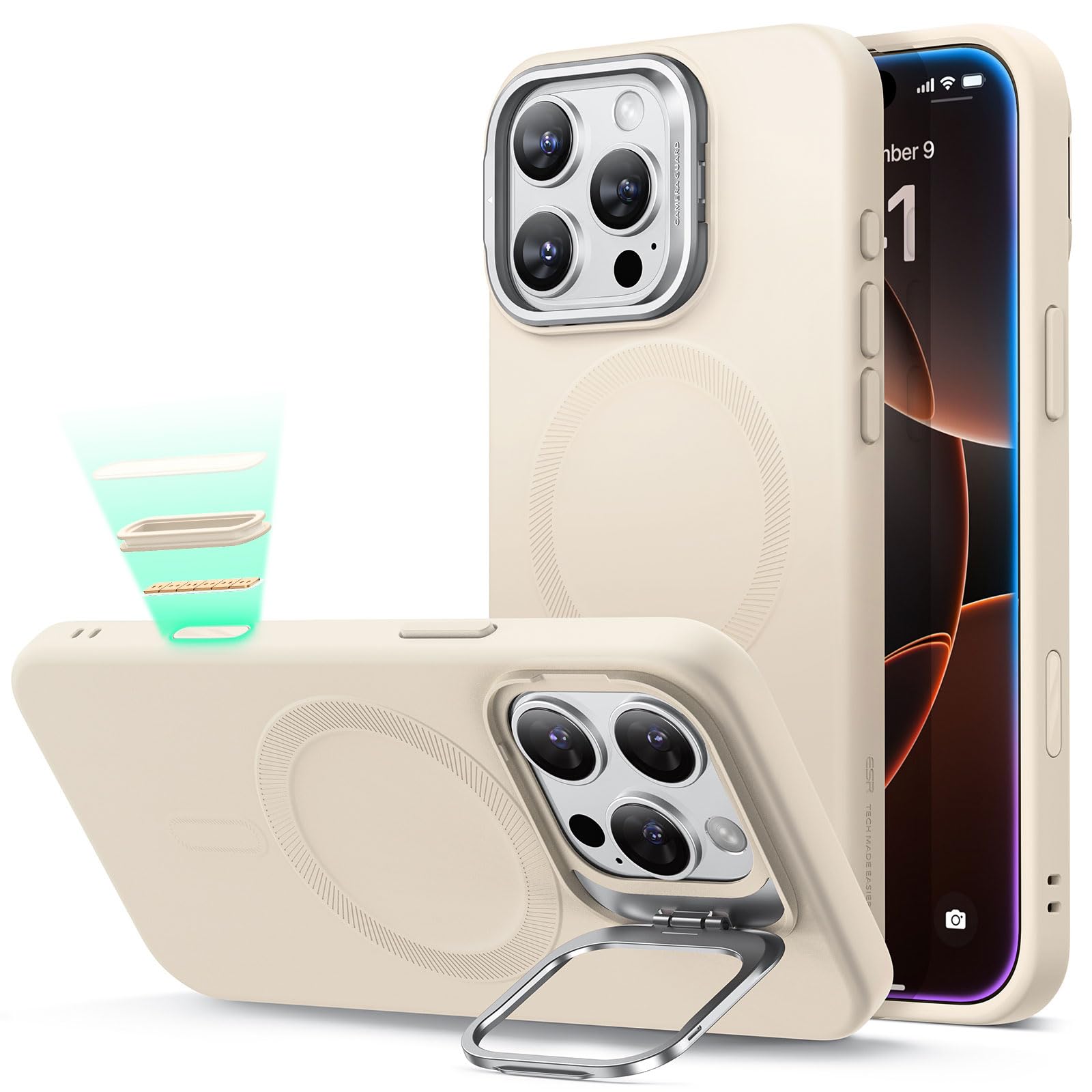 ESR für iPhone 16 Pro Hülle, Kamerasteuerung, Silikon Hülle mit Ständer, kompatibel mit MagSafe, integrierter Kameraständer, Magnetische Handyhülle für iPhone 16 Pro, Beige | Silikon-Handyhülle, kompatibel mit MagSafe, militärischer Fallschutz, schlank