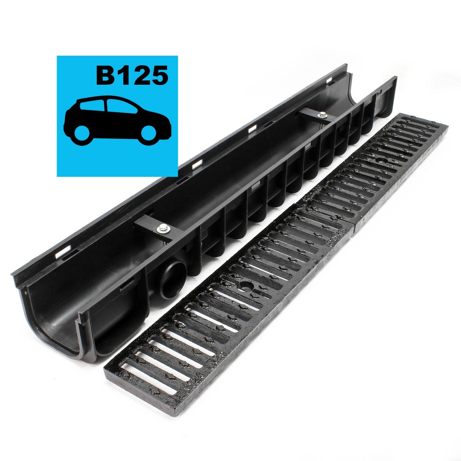 WilTec 6X Caniveau – 1000 x 140 x 115 mm – Capacité de Charge 12,5 t – avec Grille de recouvrement en Fonte – Drainage Eaux usées Rigole Évacuation Garage
