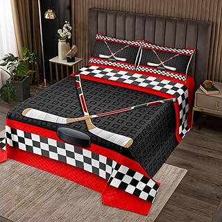 Ice Hockey Bedspread Set Queen Size for Kids,Boys Girls Winter Ice Sports Quilt Set Black White Grid Bedspread Coverlet Hockey Punk Bedspread 3 Piece Decorative Bedding Quilted with 2 Pillow Shams