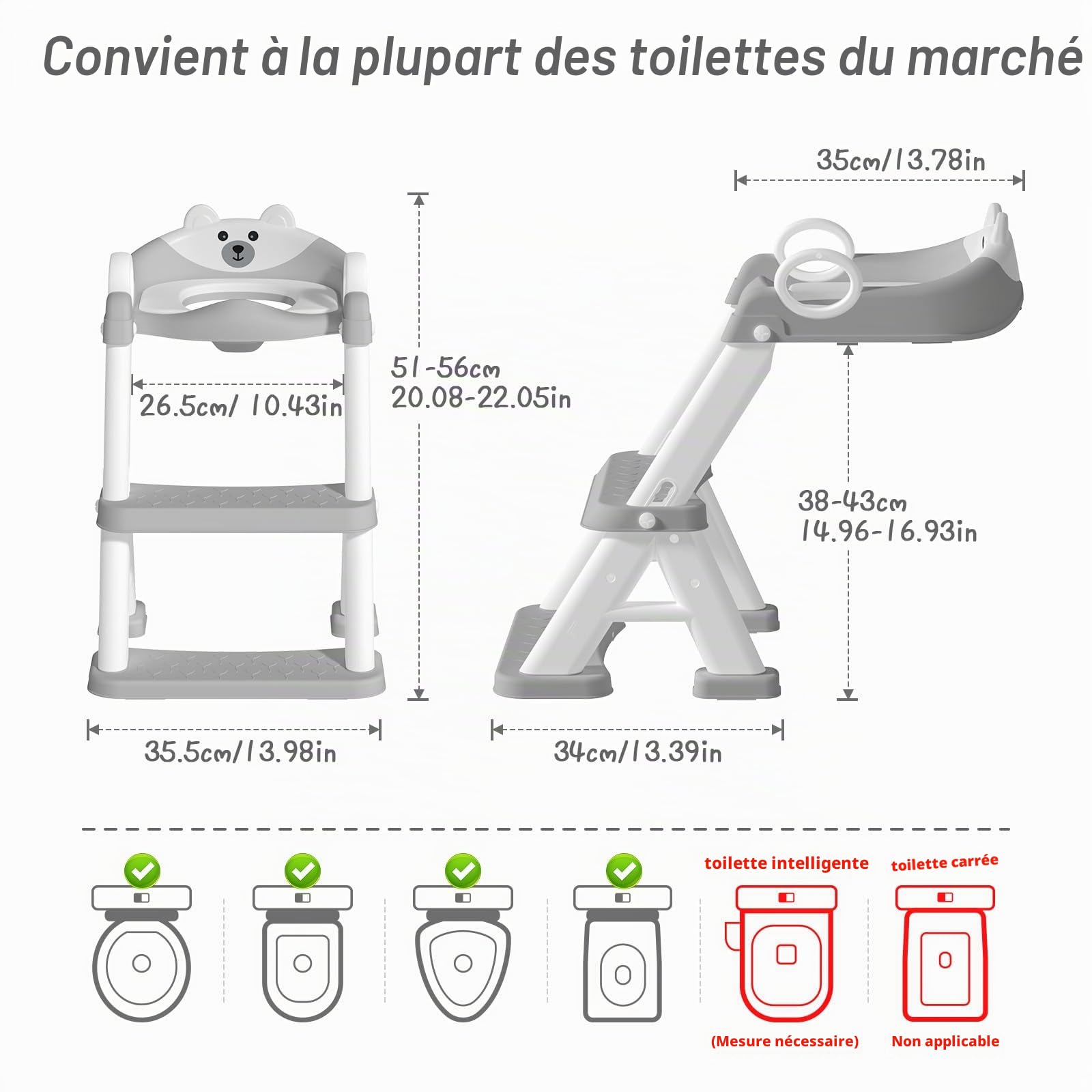 Reducteur Toilette Enfant, 2 en 1 Rehausseur Toilette Enfant pour Garçons et Filles, Siège de Toilette Enfants avec Escalier Pédale Allongée et Coussin, Abattant WC Antidérapant Échelle Réducteur Gris