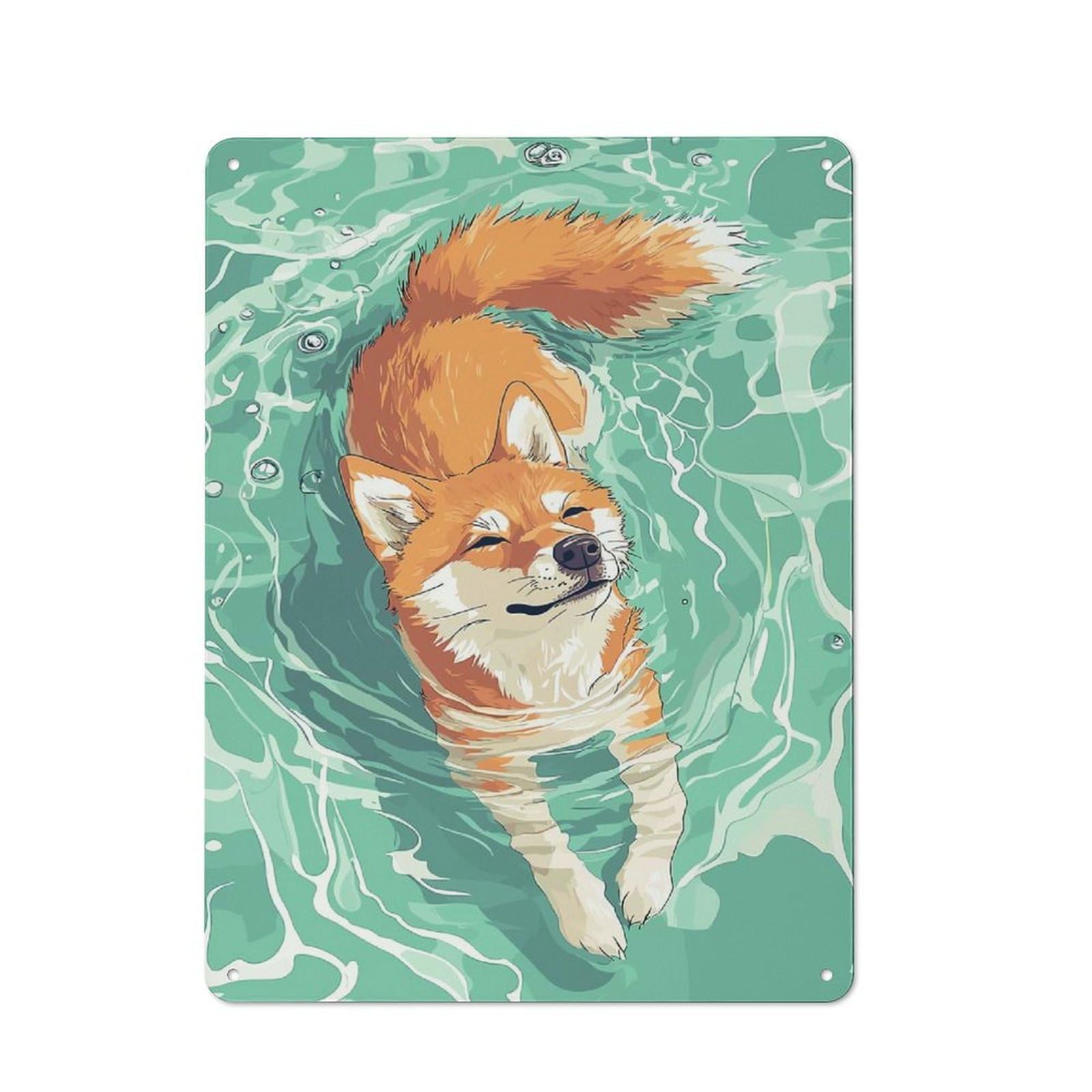 Classic Shiba Inu Dog Swimming Illustration Metal Wall Art Sign 40x30cm, Vintage Wall Decor for Lounge, Study, Pub Or Wall Gallery