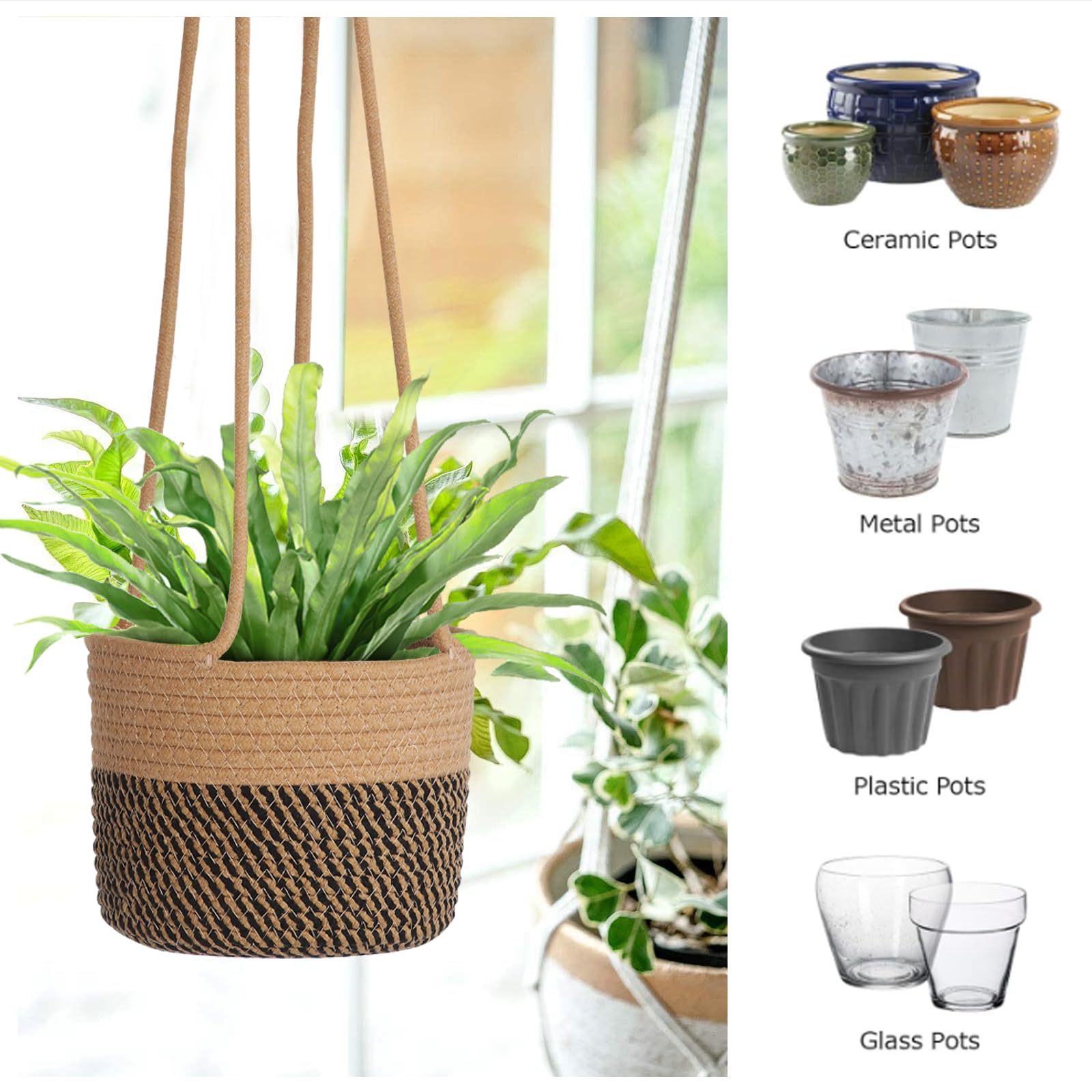 Paquete de 2 macetas colgantes de yute para plantas de ganchillo para interiores y exteriores, para decoración del hogar, macetas para hierbas, helechos, hiedra