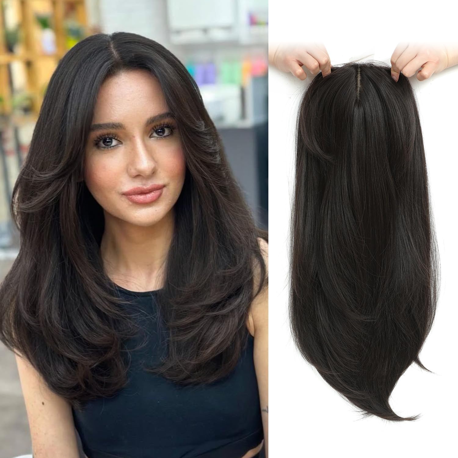 Ms Taj Hair Topper 18 Inch for Women with Thinning Hair - Long Layered 6.5"X6.5" Synthetic Hair Pieces - Fiber Wiglets for Ladies (Brown Black)