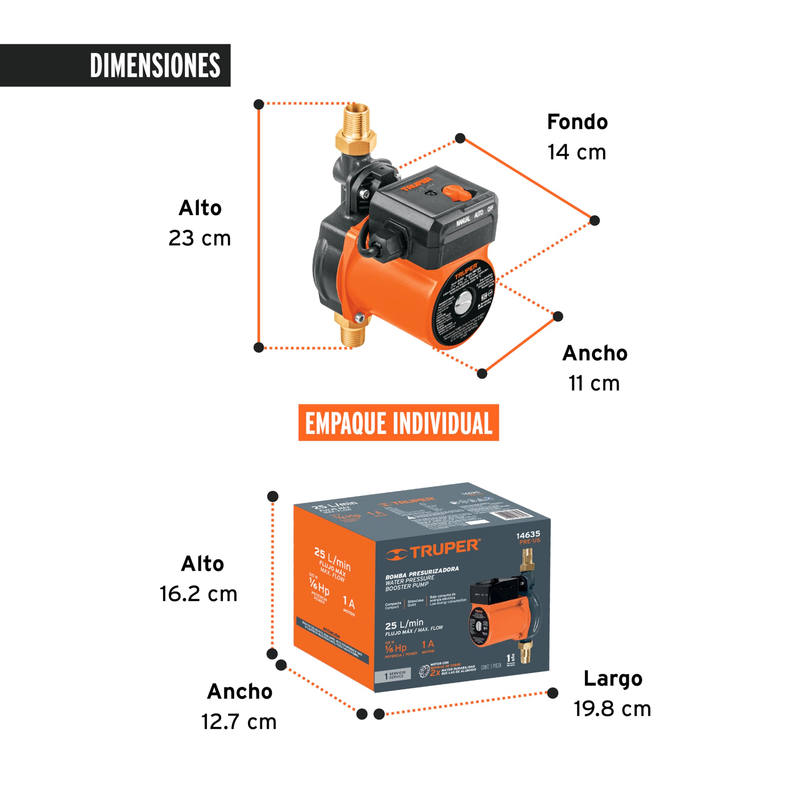 Truper Bomba de Presurización 1/6 HP, Naranja, Plástico, Above Ground, Water Pressure Pump