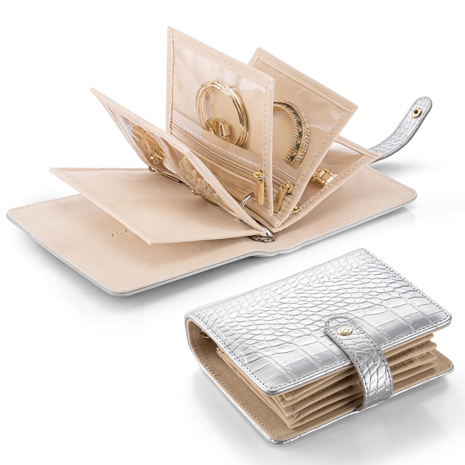 Vlando Estuche organizador de joyas de viaje, regalos de viaje para mujeres, carpeta portátil de almacenamiento de joyas con cremallera transparente, bolsa de terciopelo para joyas, color plateado