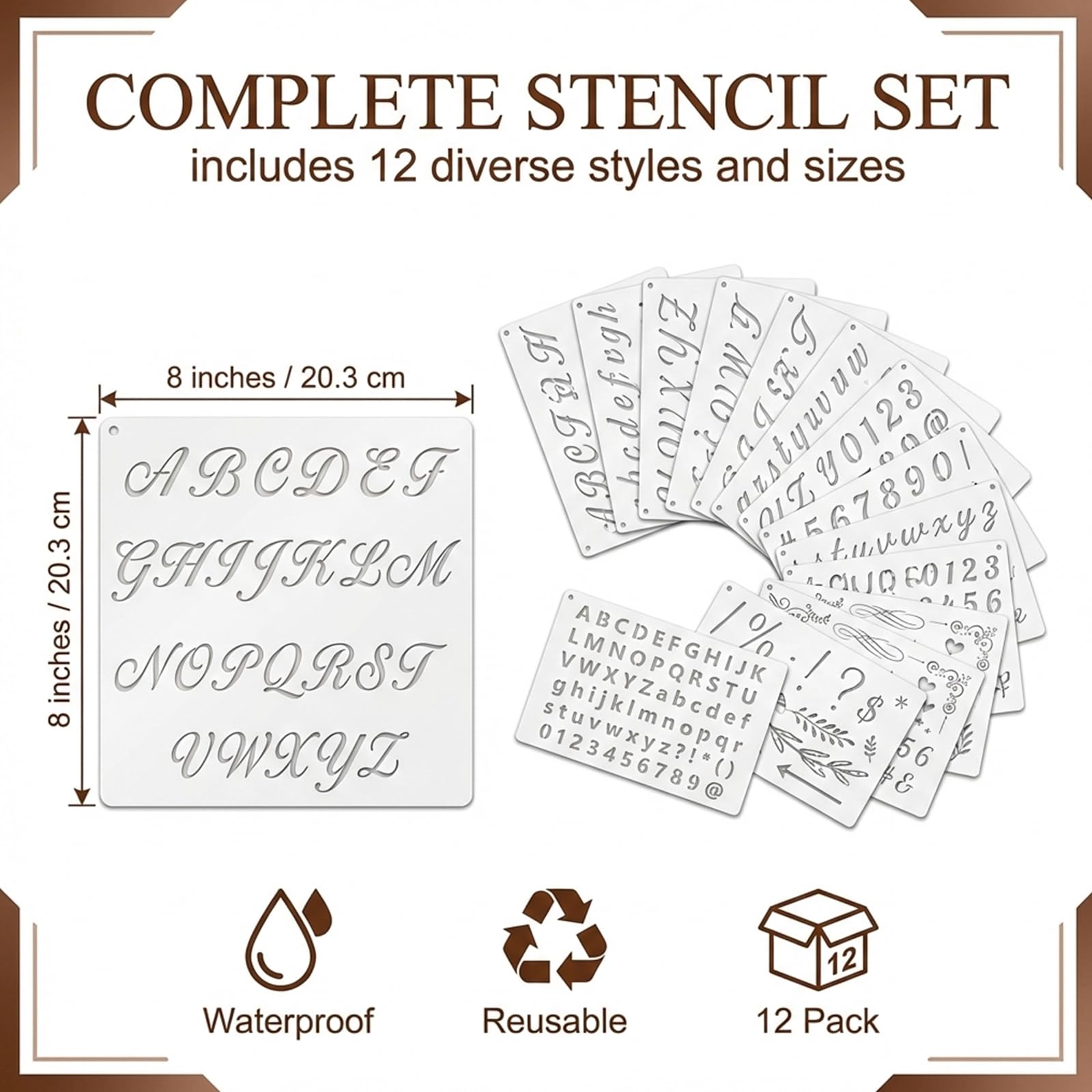 12 Pezzi Stencil per Lettere, Stencil per Pittura Riutilizzabili in Numero Alfabeti e Caratteri, Plastica Stencil per Pareti Fai da Te, per Scrapbooking Disegno Graffiti Scrittura