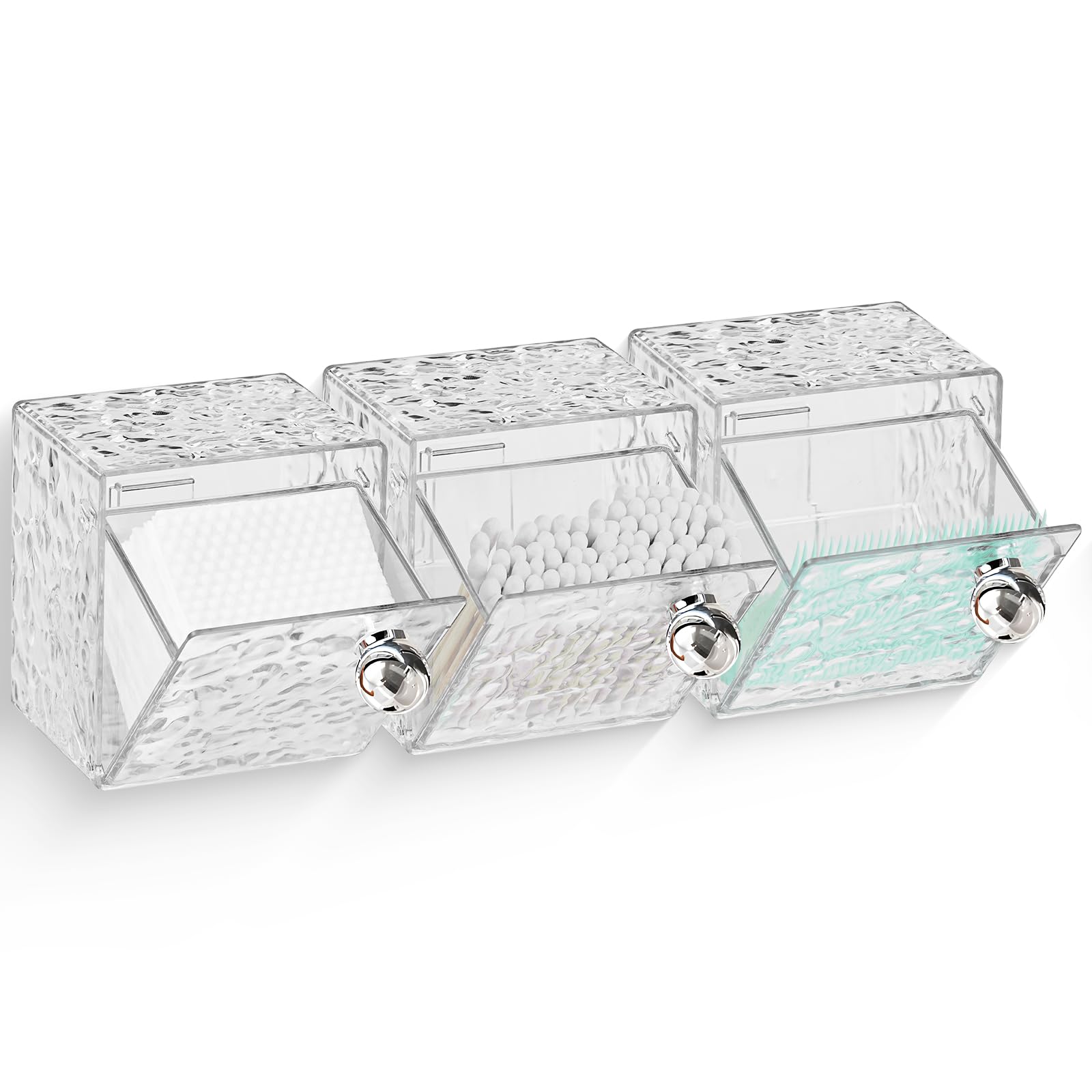 Qtip Dispensador de soporte, paquete de 3 soportes de plástico para almohadillas de algodón montado en la pared, bola de algodón, hisopos, hilo dental, organizadores de maquillaje para tocador