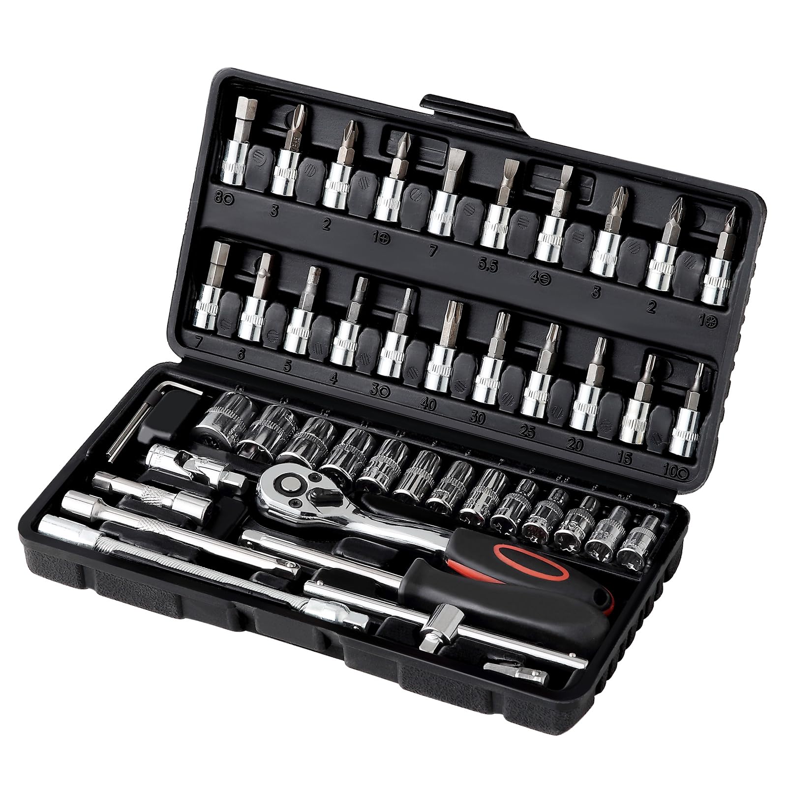 Juego de llaves de vaso 46pcs Cr-V,72 dientes Llave Carraca 1/4".Carraca pequeña con Maletin herramientas,Llaves de tubo cromadas y pulidas,ideal para reparación de coches y trabajos mecánico