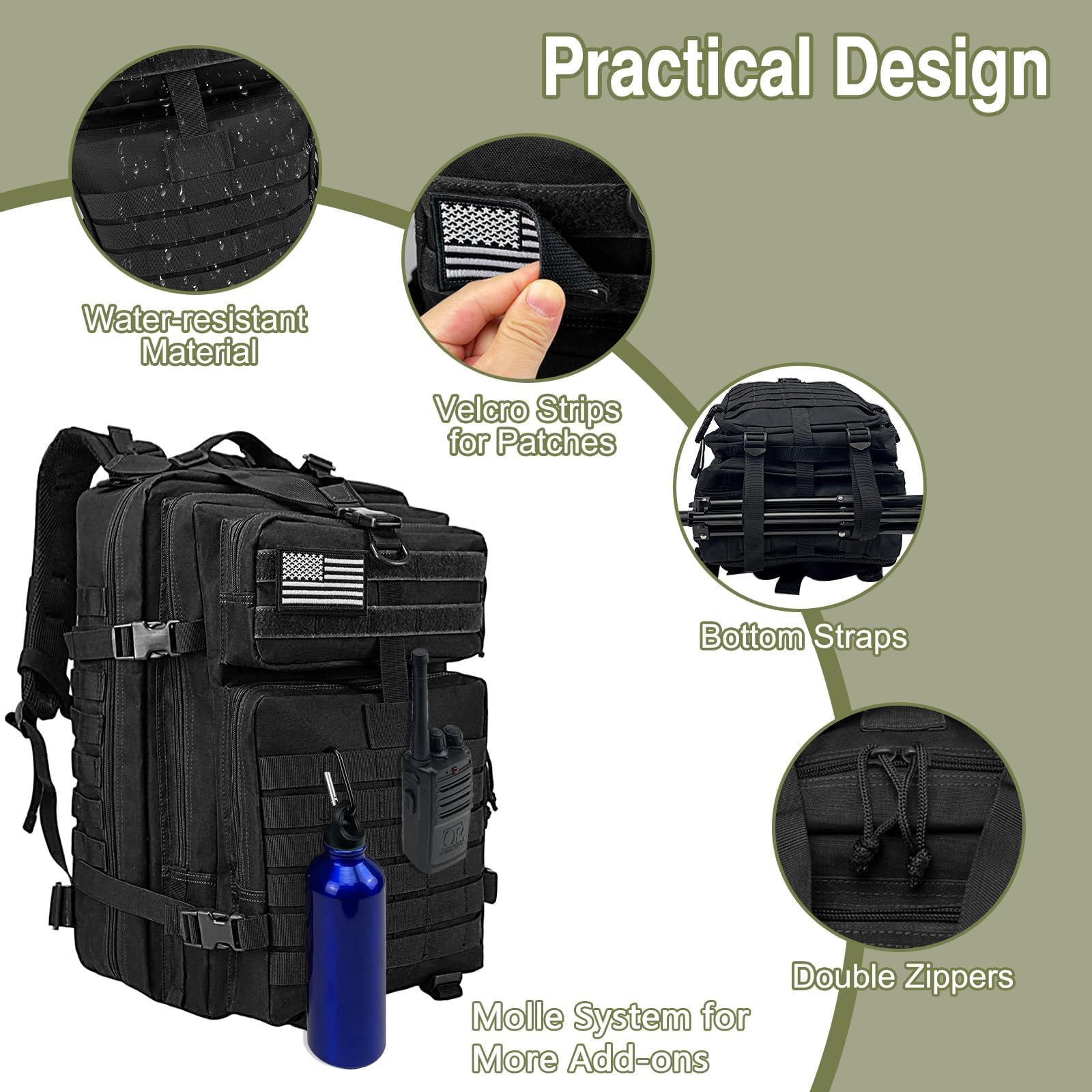 WOLT | Sac à dos tactique militaire pour homme, grand sac d'assaut de 3 jours avec sac MOLLE pour équipement de randonnée, sac de survie, sac de portée, noir, Large, ‎Sac à dos tactique