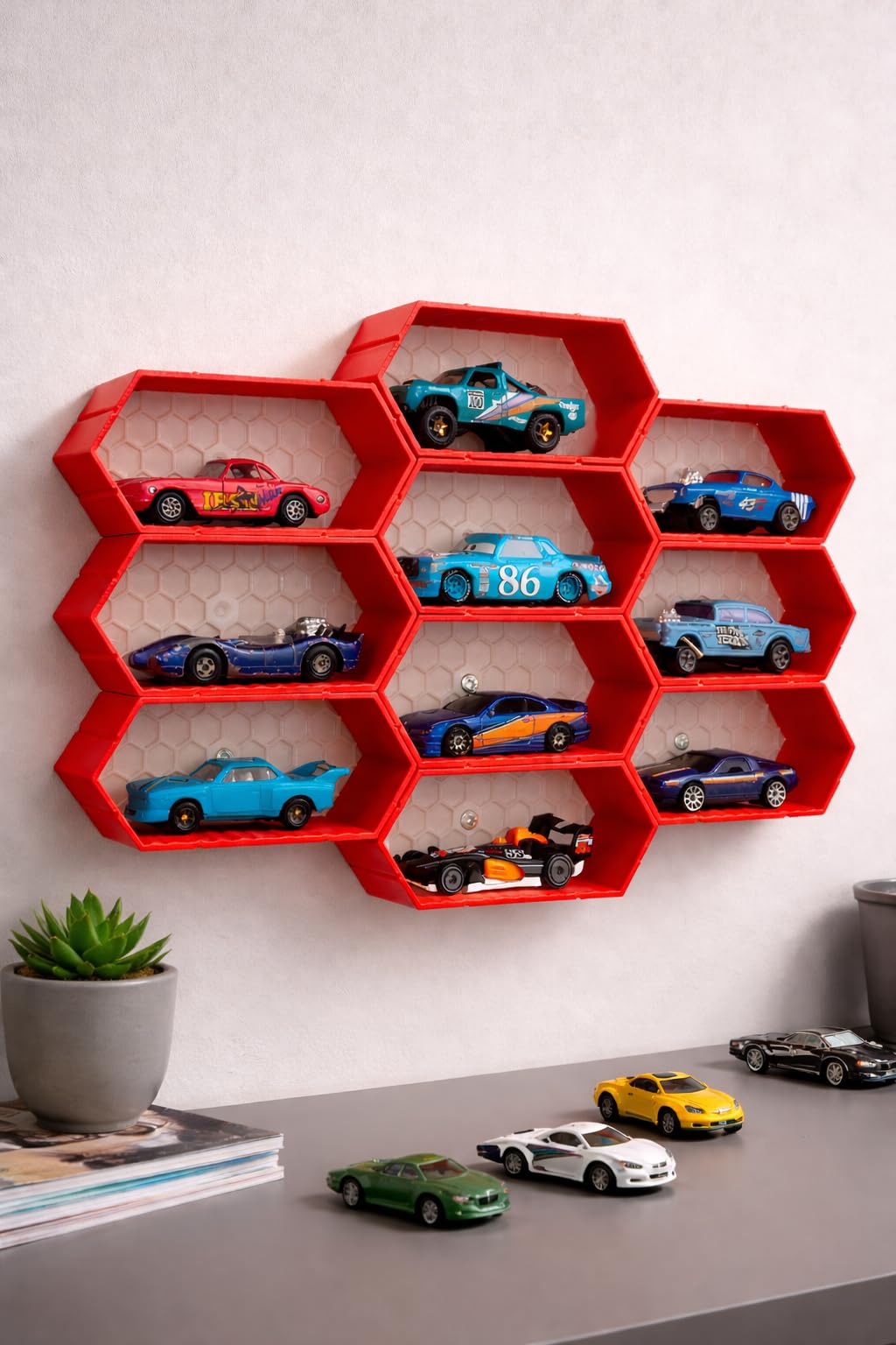 1:64 Scale Diecast Cars Display Red | Premium Matte Tabletop & Wall Display | Eco-Friendly Polymer Toy Car Organizer | Mini Car Showcase for Collectors & Kids (Without Toys) (Pack of 10)-image-39