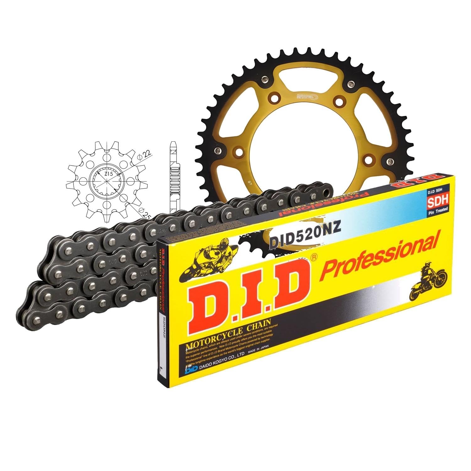 Jeu de chaînes DID Stealth 520NZ / 118 - Serrure à clip dorée - Pour KTM Duke SX EXC RACING SX-F Racing LC4 EGS Super Competition RC EXC-F 150-520 cc