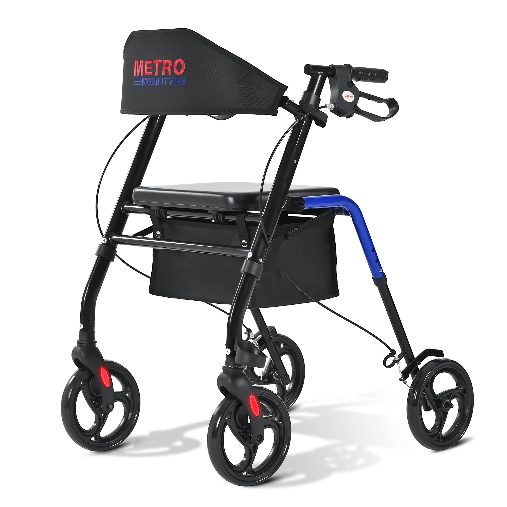 Metro Mobility Rollator Walker with Seat for Seniors, Foldable Lightweight Rolling Walker, 8" Big Wheels for All Terrain, 300 lb. Weight Capacity, Blue