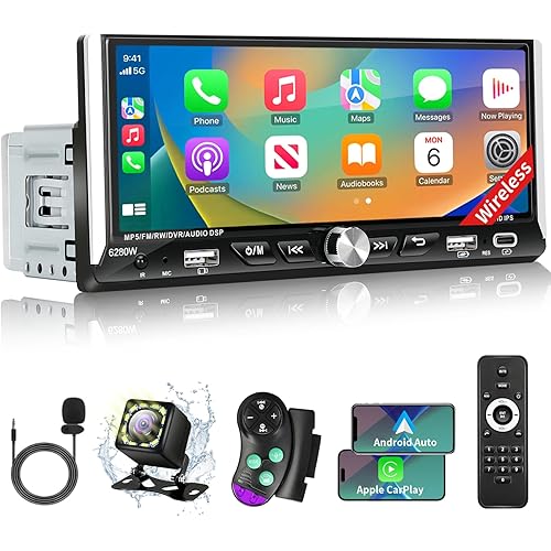 Single Din Car Stereo with Wireless Apple Carplay Android Auto, 6.9" IPS Touchscreen Car Stereo with Bluetooth 5.2 Handsfree Mirror Link Backup Camera GPS Navigation Dual USB Fast Charge FM AM EQ SWC
