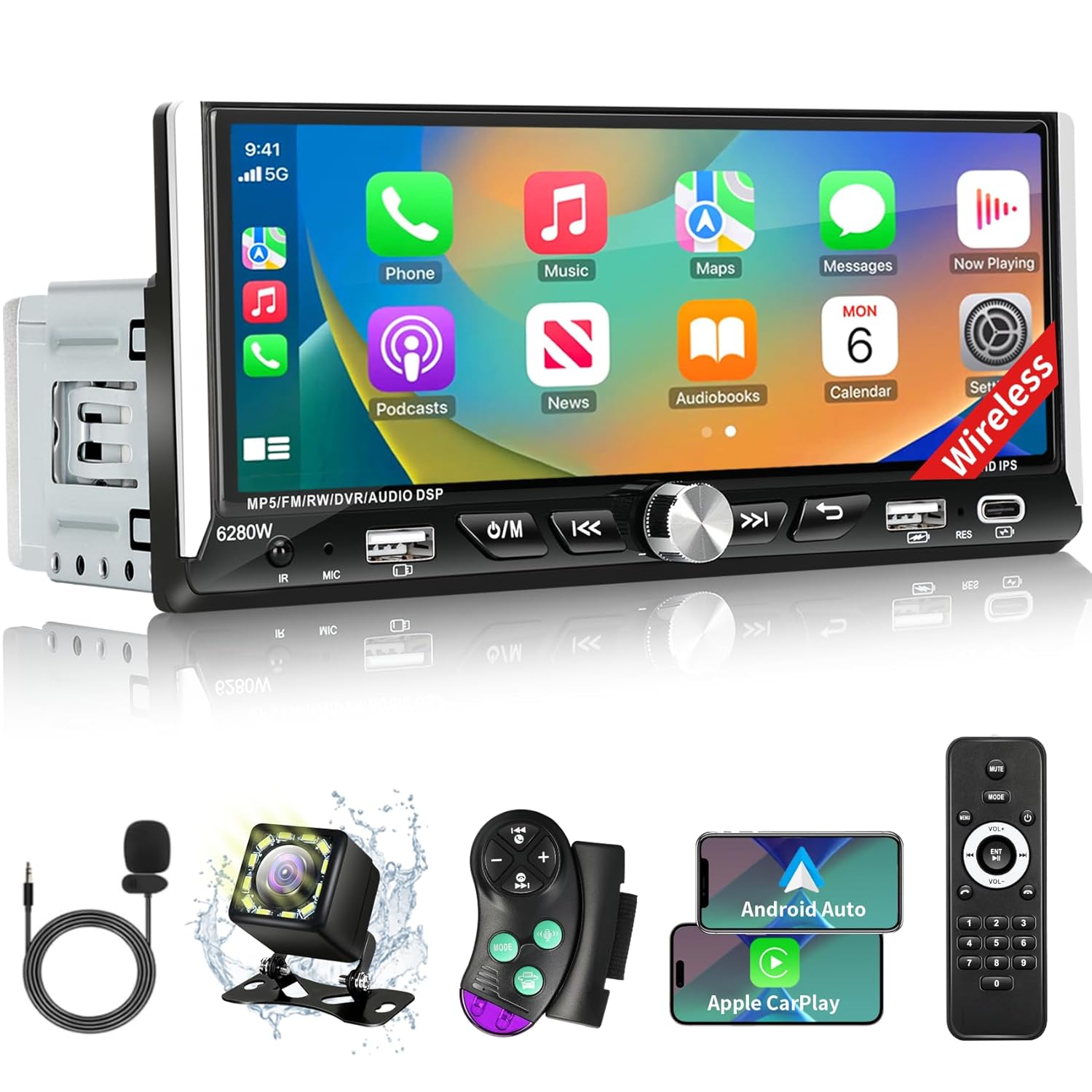 Single Din Car Stereo with Wireless Apple Carplay Android Auto 6 9 IPS Touchscreen Car Stereo with Bluetooth