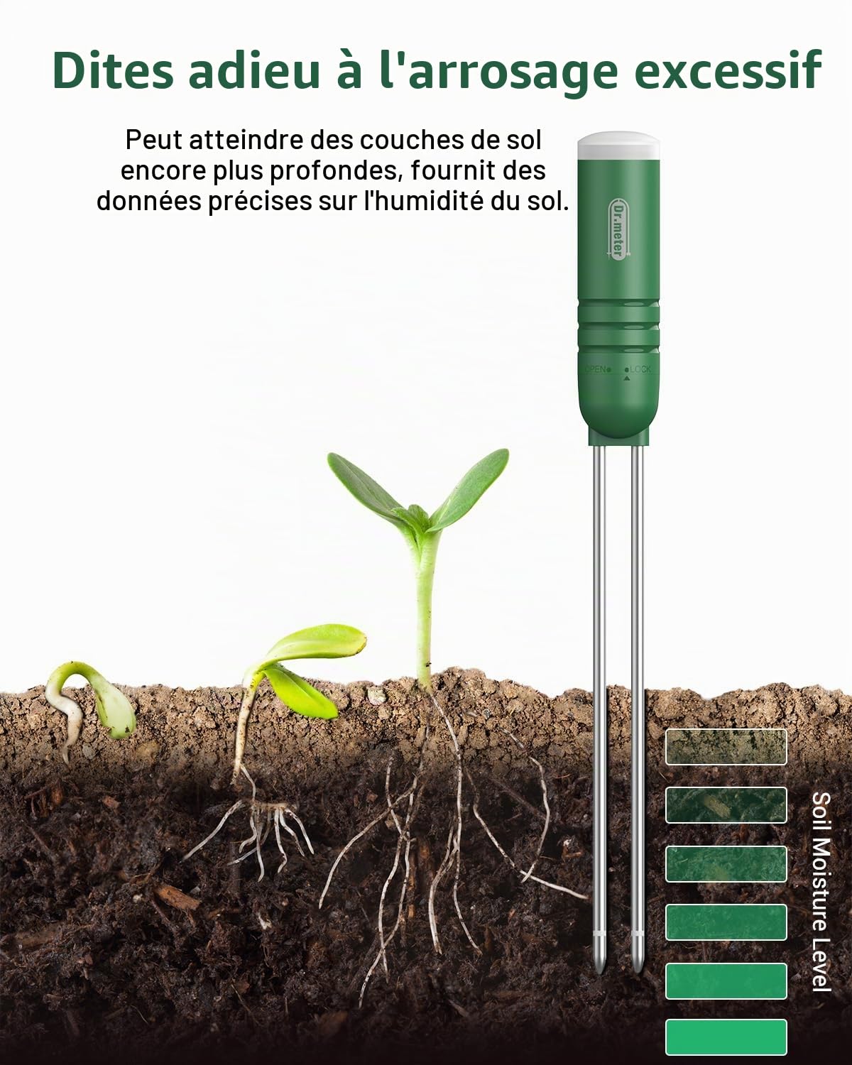 Dr.meter Testeur Humidité Plante, 4 en 1 Hygrometre Plante Testeur de Sol/Température/Lumière/Heure avec écran LCD pour Jardin, Ferme, Plantes à Gazon Intérieur et Extérieur (Batterie Non Incluse)