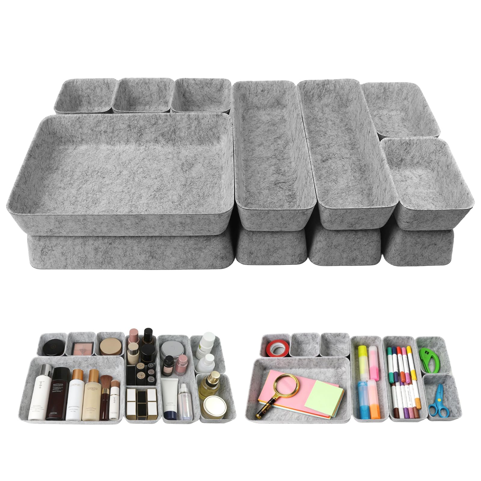 BATHRINS 16pcs Felt Drawer Organiser Trays Set - Stackable Storage Boxes for Makeup, Jewelry, Stationery, Home Office Dresser - Dark Grey