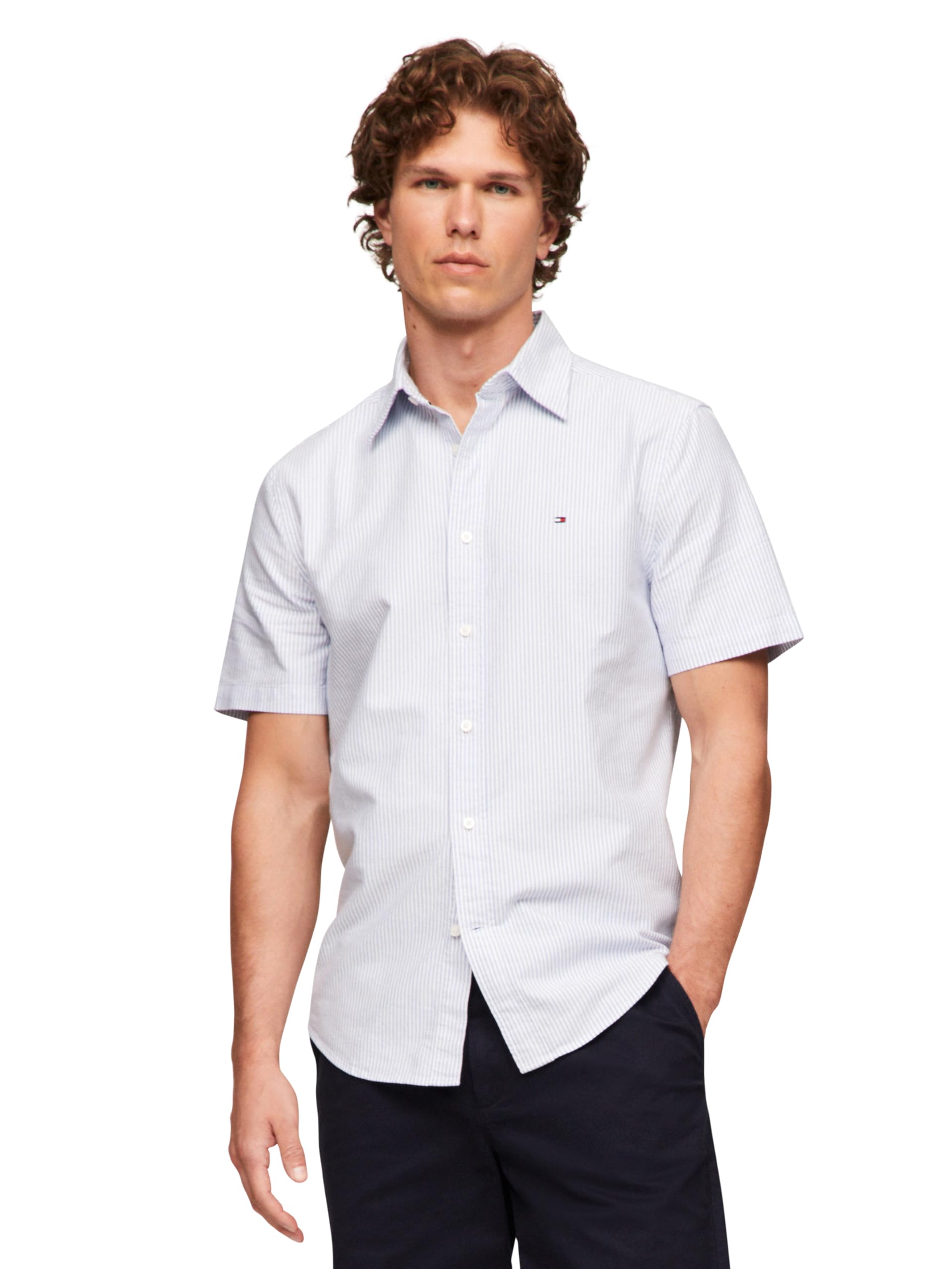 Tommy Hilfiger Men's Shirt Blue / Optic White Short Sleeve Oxford Regular Fit, Button Down Shirts, Xl