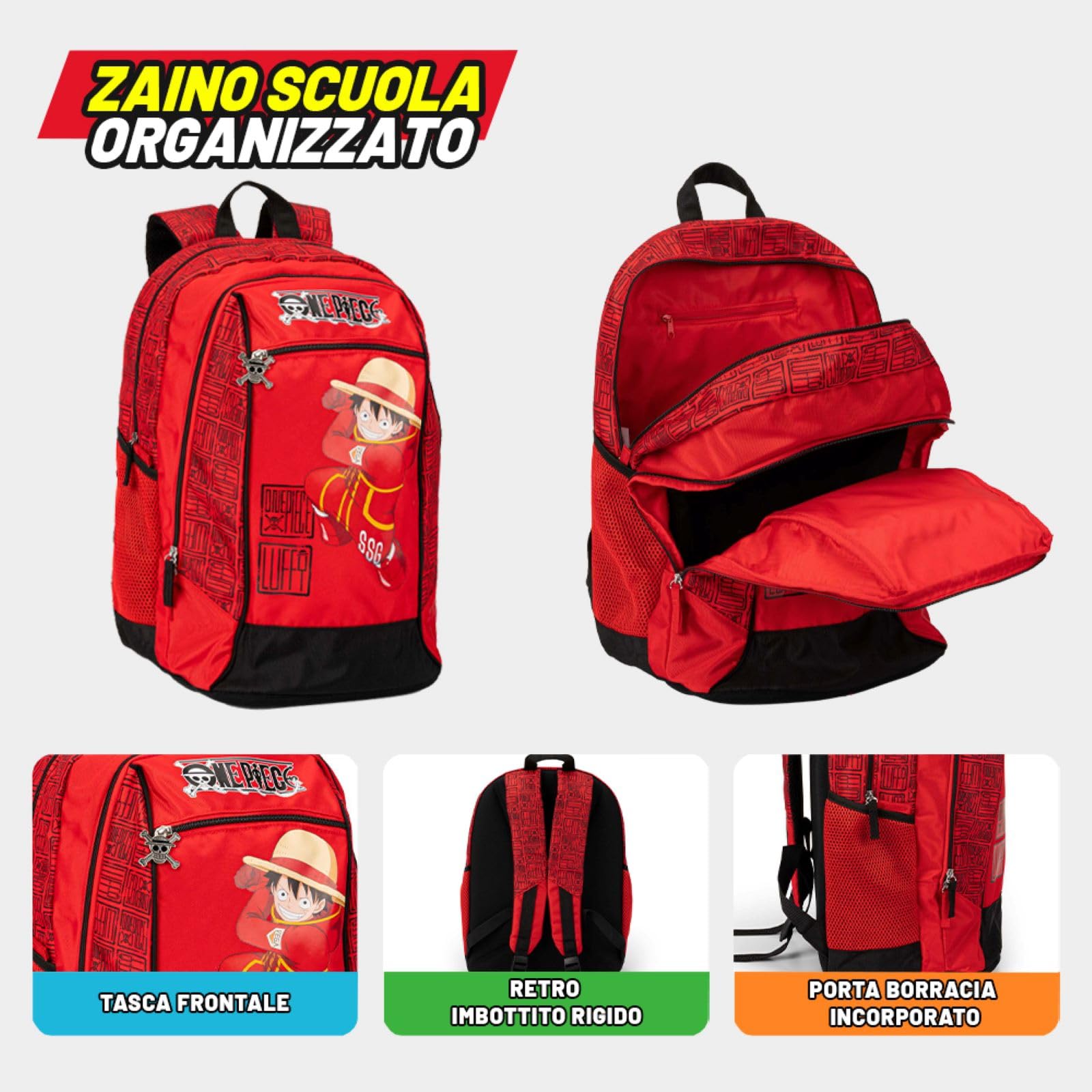 ONE PIECE - Zaino Scuola Ufficiale One Piece, con 2 Ampi Scomparti, Tasca Frontale, 2 Tasche Laterali in Rete, Spallacci Imbottiti, Retro e Fondo Termoformati, Chiusure a Zip, 32x43Hx23cm