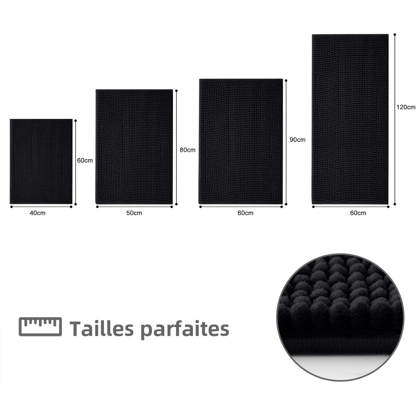 OLANLY Tapis de bain en chenille antidérapant 60 x 120 cm noir