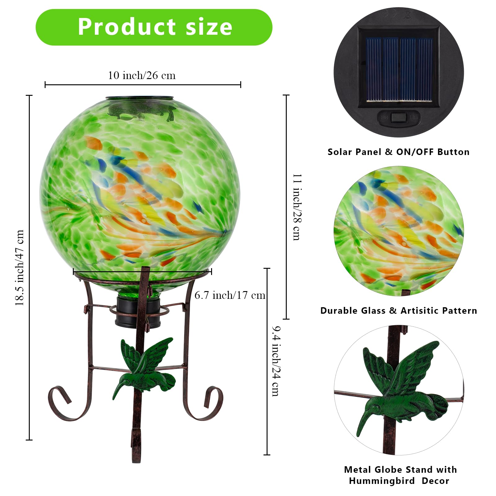 Sfera di vetro solare da 25,4 cm, con supporto in metallo alto 23,9 cm, espositore per luci a sfera solare, per esterni, giardino, prato, cortile, decorazione artistica verde