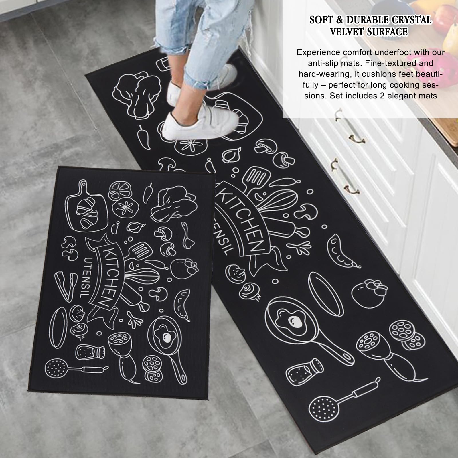 BWBIKE Juego de Alfombras de Cocina de 2 Piezas, Antideslizante Que Absorbe el Agua, Alfombra Acolchada y Alfombra, Alfombras de Piso Lavables a Máquina para Cocina Junto al Fregadero, Pasillo