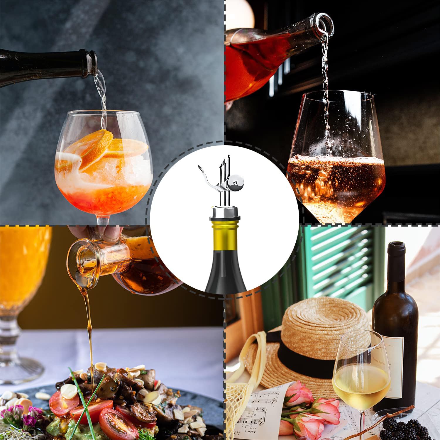 4 vertedores de botellas de licor de acero inoxidable con peso: boquillas automáticas para verter con precisión, a prueba de fugas y apto para lavavajillas (plata)