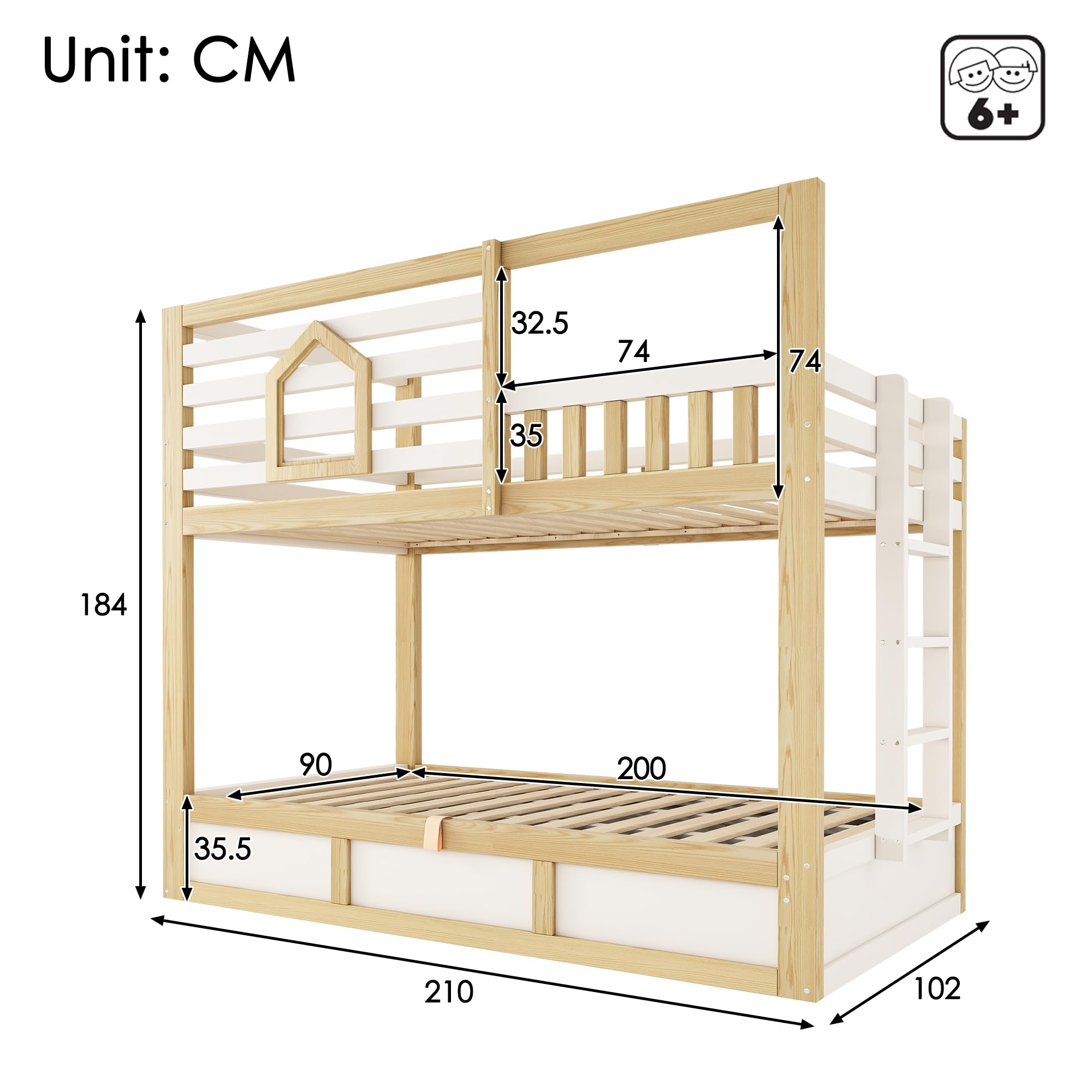 Sapgaks Lit superposé Enfant 90x200 avec fenêtre,barrière de sécurité, échelle Droite,Espace de Rangement hydraulique,lit cabane Enfants,Cadre de lit Enfant 90x200 (G-Blanc+Chêne 90)