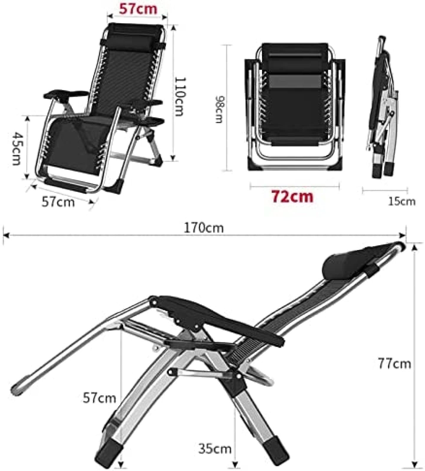 Zero Gravity Sedie Lettino Prendisole Extra Largo per Impieghi Gravosi 72cm /28 Lettino Prendisole Pieghevole Portatile Comodo Lettino Prendisole Sedie da Giardino,Cuscinetti Neri,Telaio Nero,