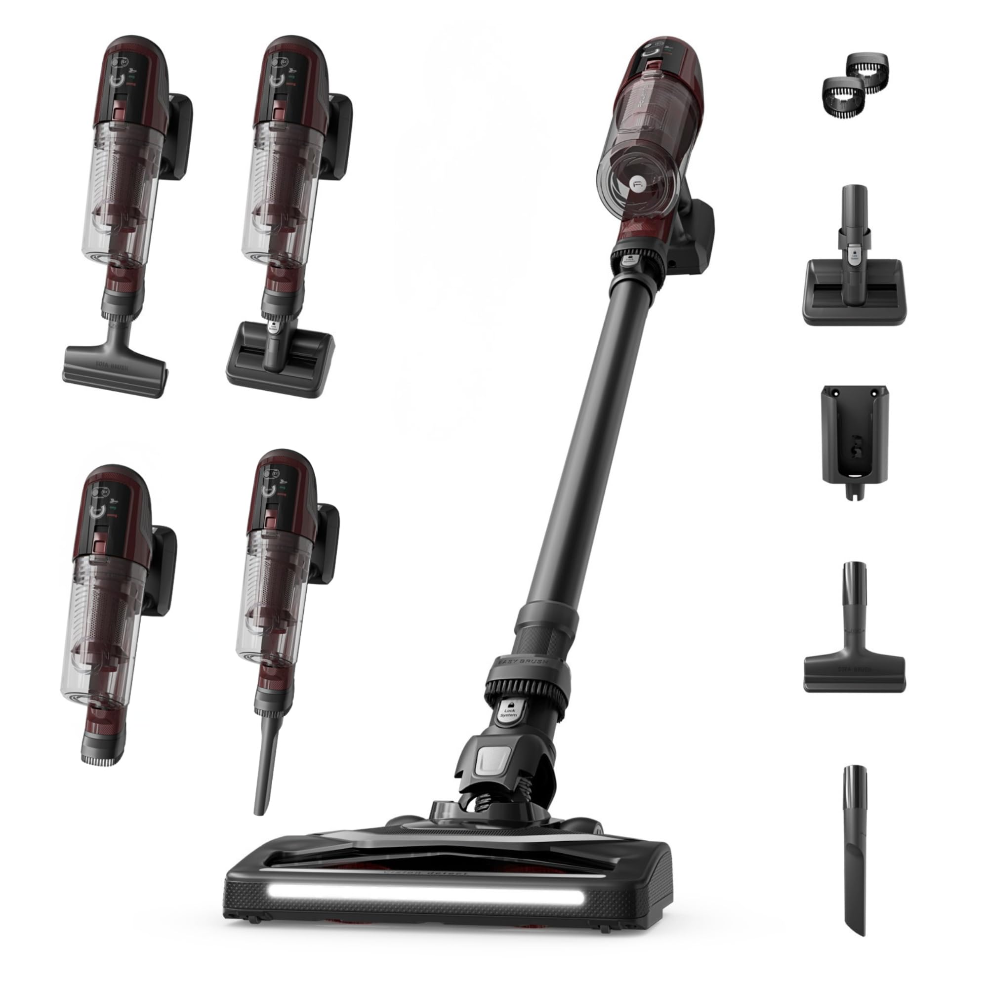 Rowenta X-Pert 6.80, Aspiradora Escoba Sin Cable, Autonomía de 60 min, Limpieza 4 en 1, Ligera solo 1,4 kg, Accesorios para Mascotas, Contenedor de Polvo extraíble y Lavable, Negra y Burdeos, RH6485E0